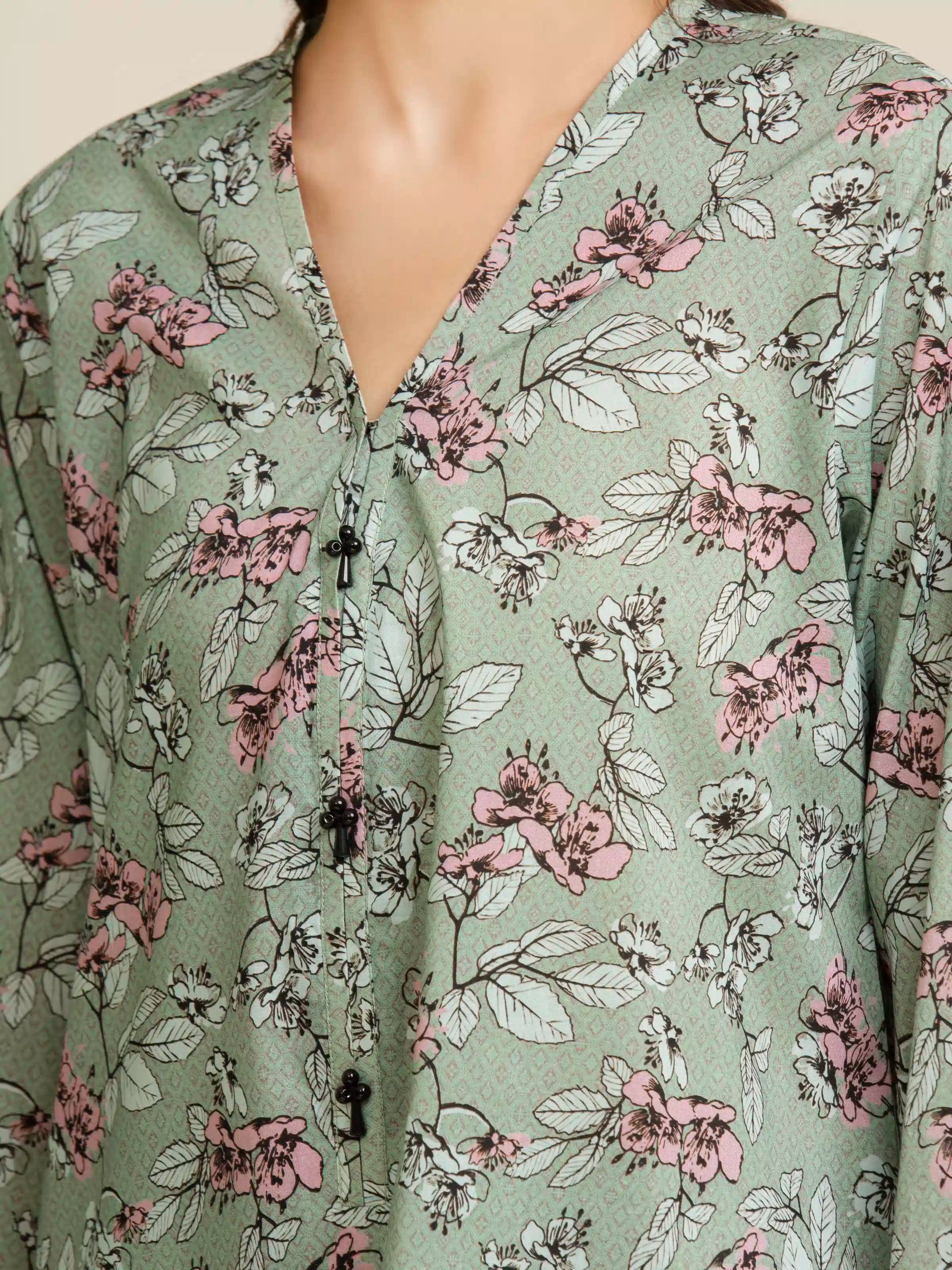 3 Piece Unstitched Lawn Suit Sage Green Printed Elegance
