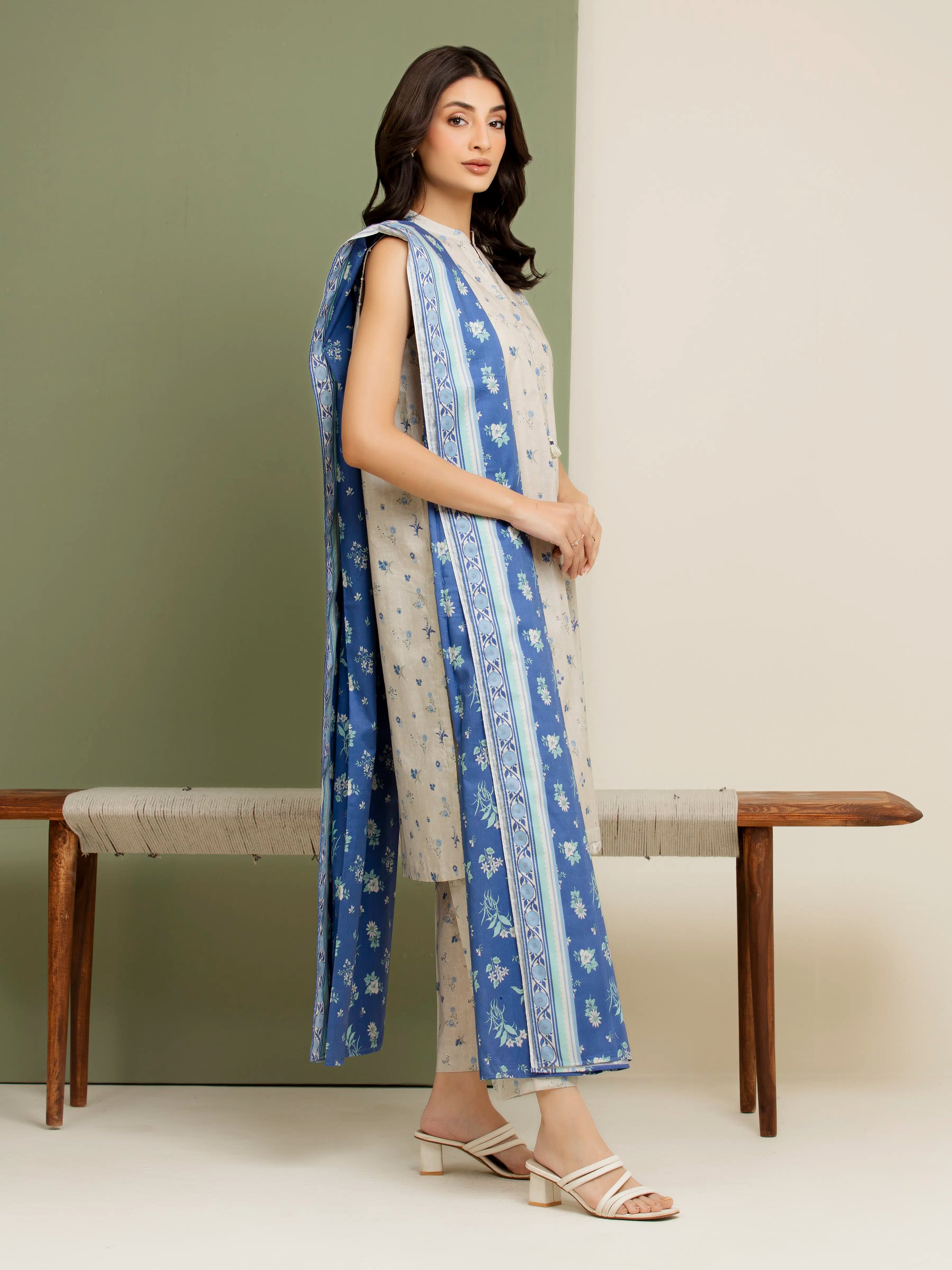 3 Piece Unstitched Lawn Suit Beige Printed Elegance