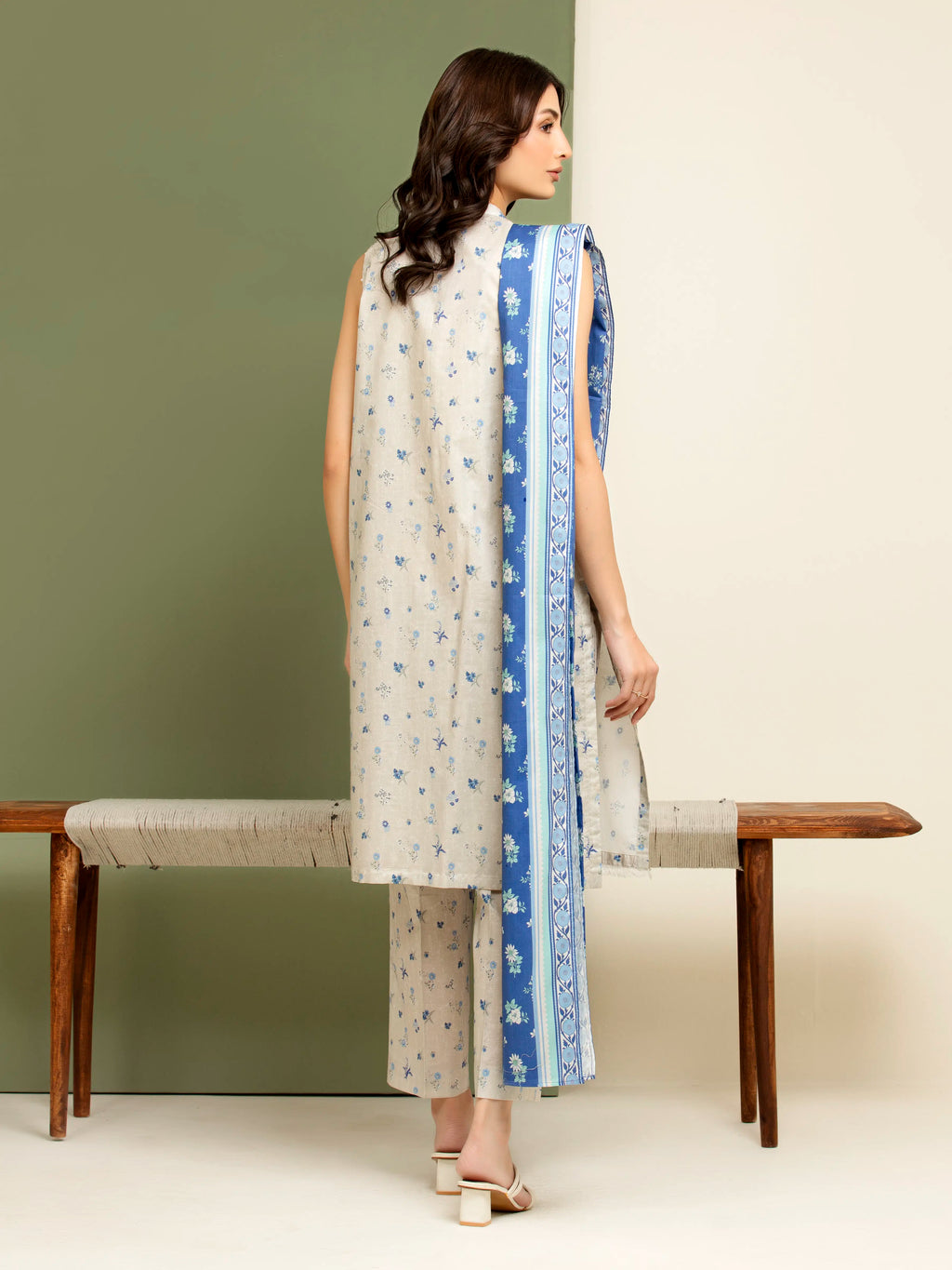 3 Piece Unstitched Lawn Suit Beige Printed Elegance