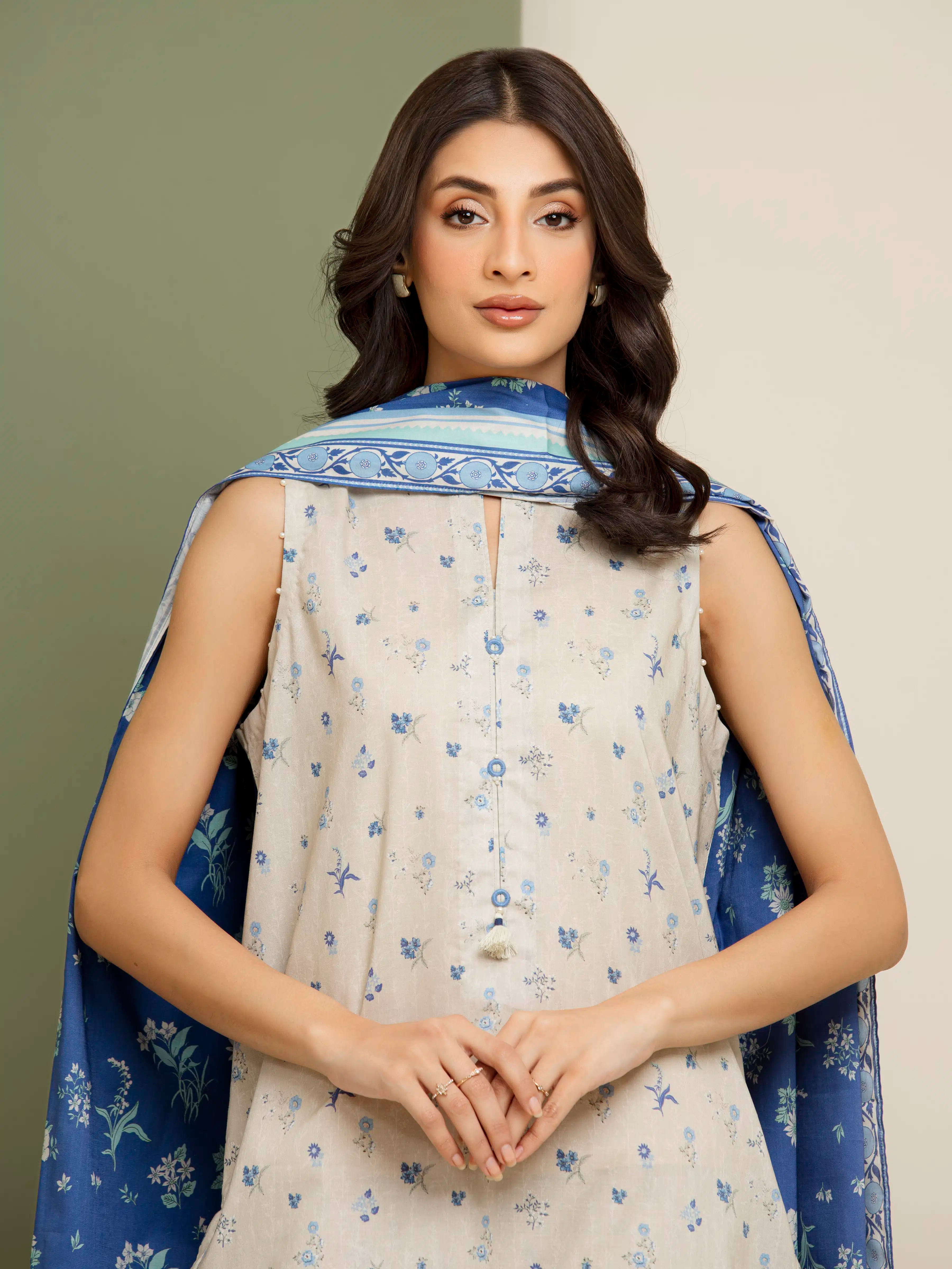 3 Piece Unstitched Lawn Suit Beige Printed Elegance