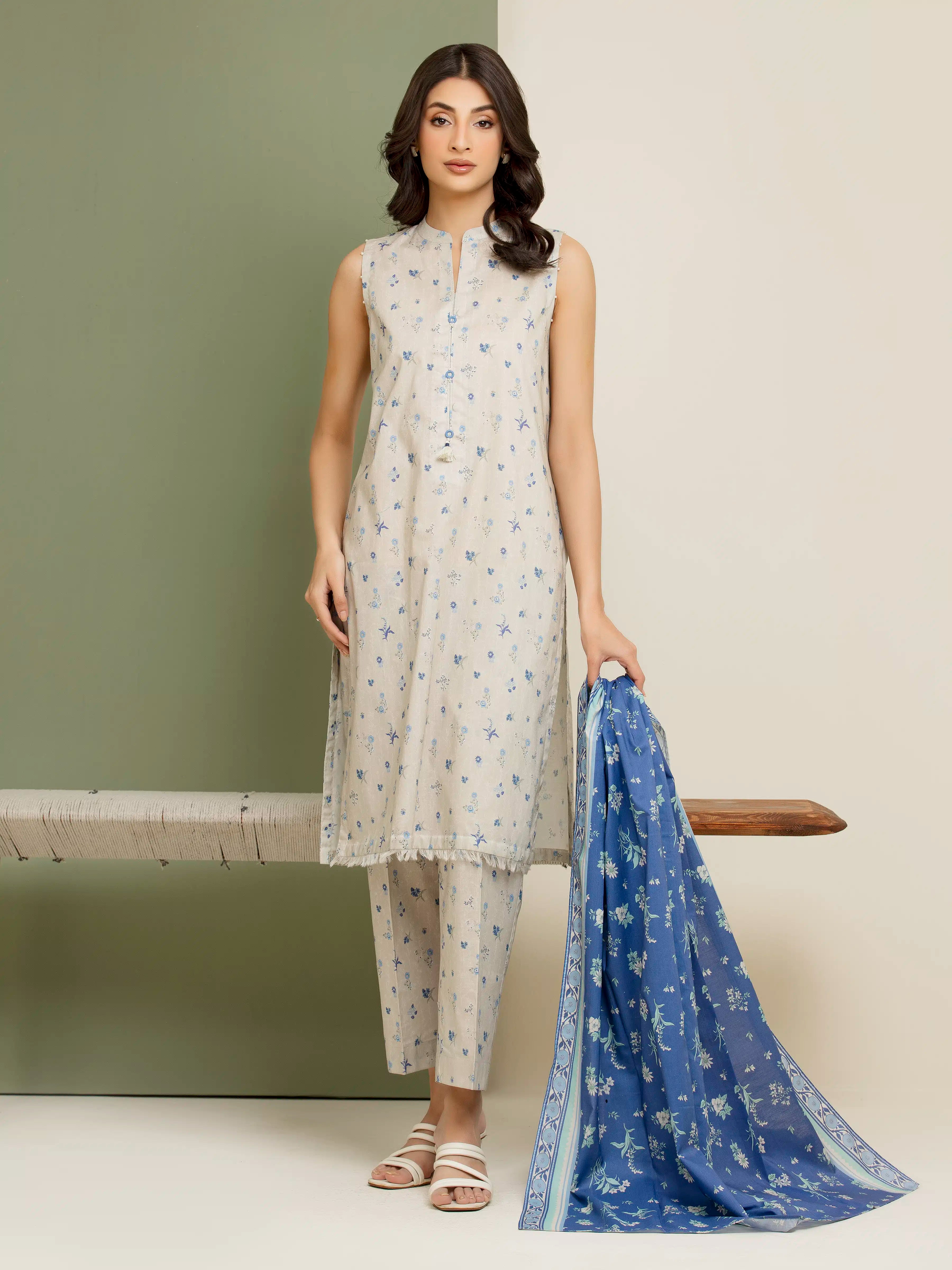 3 Piece Unstitched Lawn Suit Beige Printed Elegance