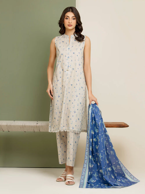 3 Piece Unstitched Lawn Suit Beige Printed Elegance