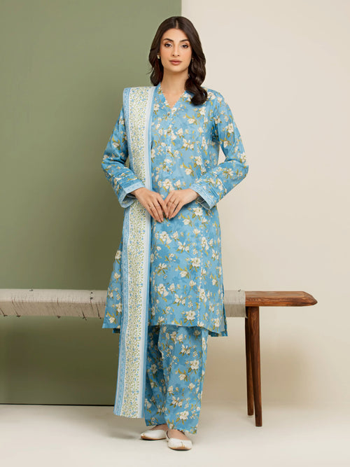 3 Piece Unstitched Lawn Suit Blue Printed Elegance