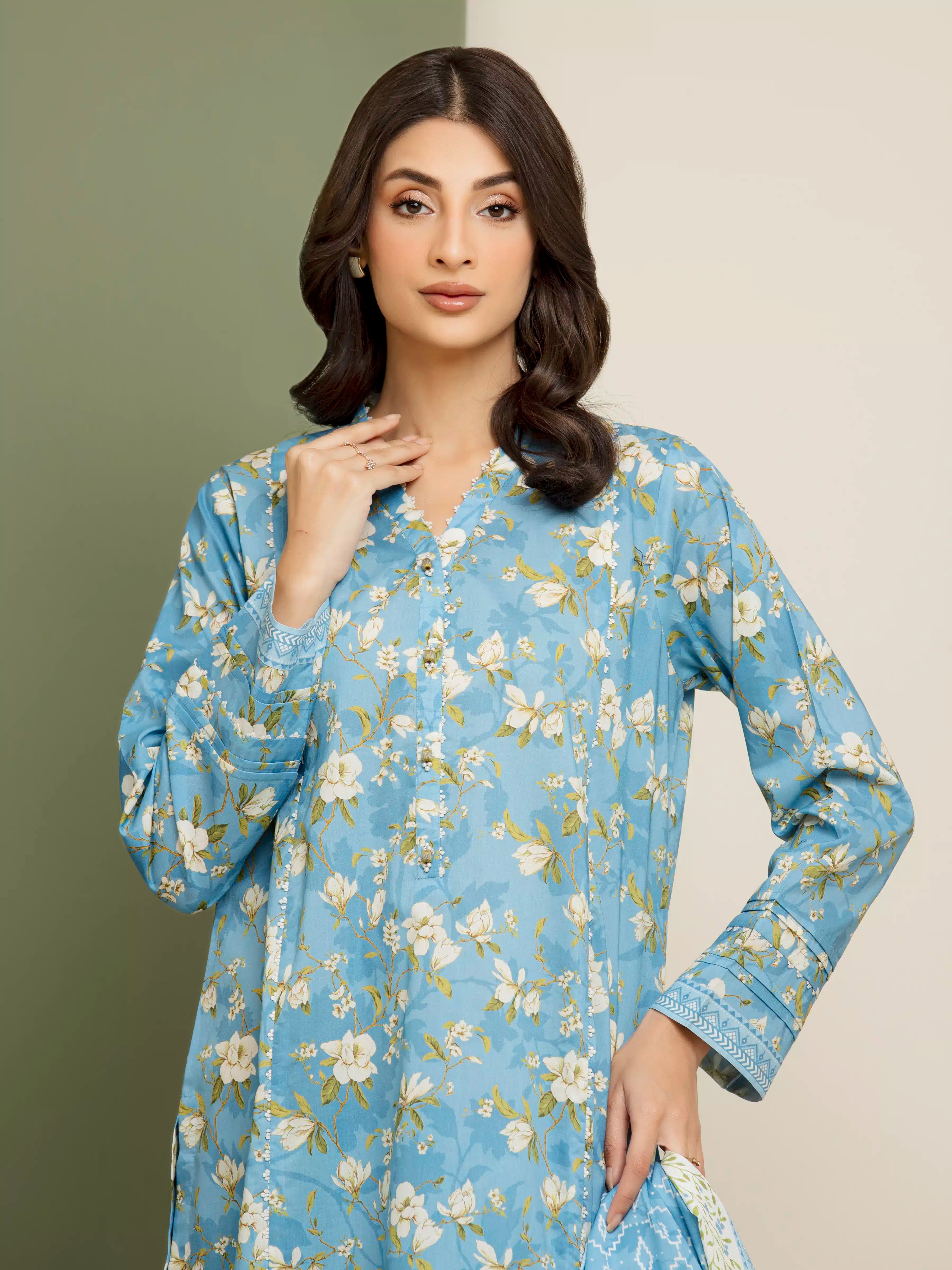 3 Piece Unstitched Lawn Suit Blue Printed Elegance