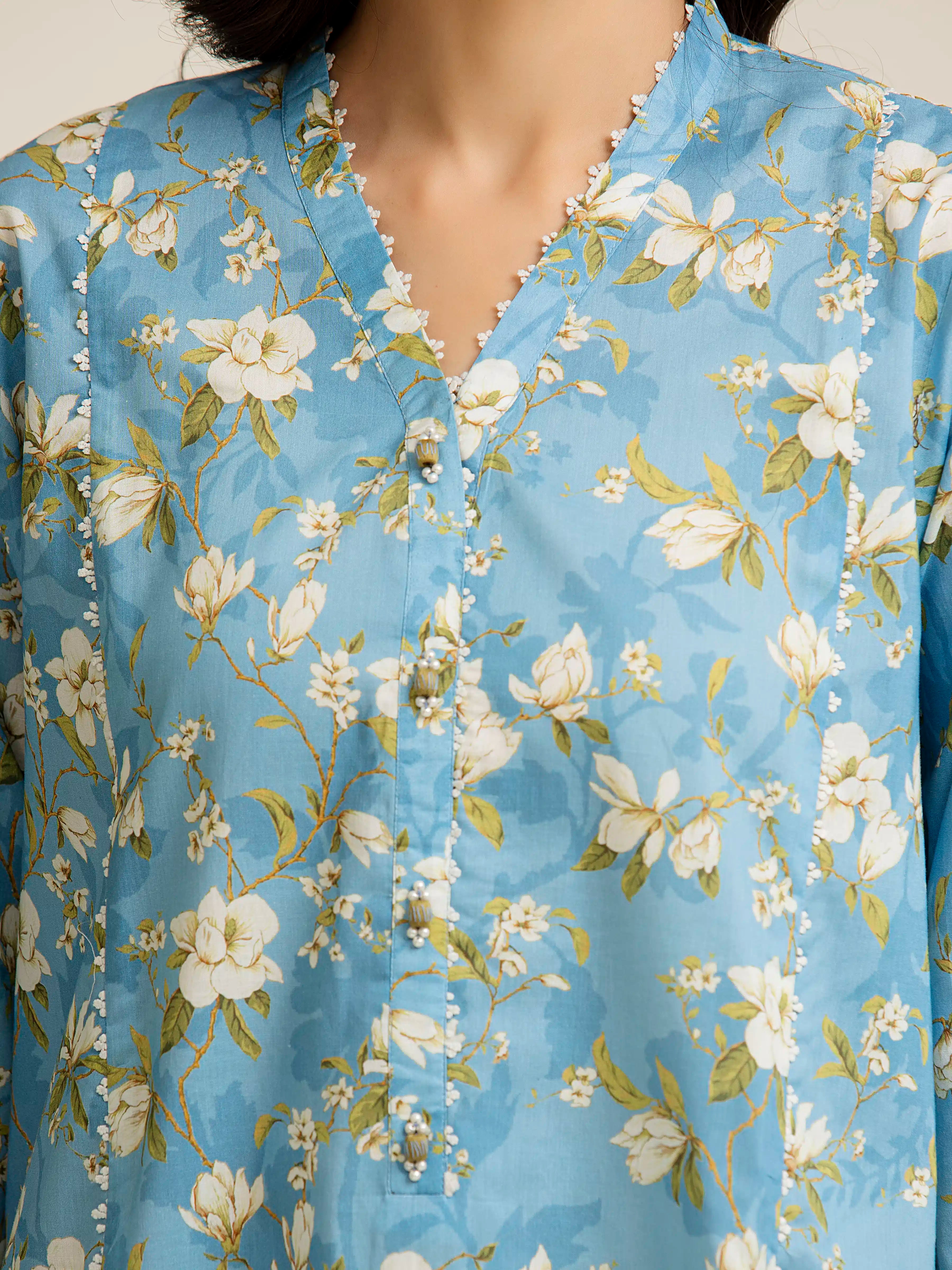 3 Piece Unstitched Lawn Suit Blue Printed Elegance