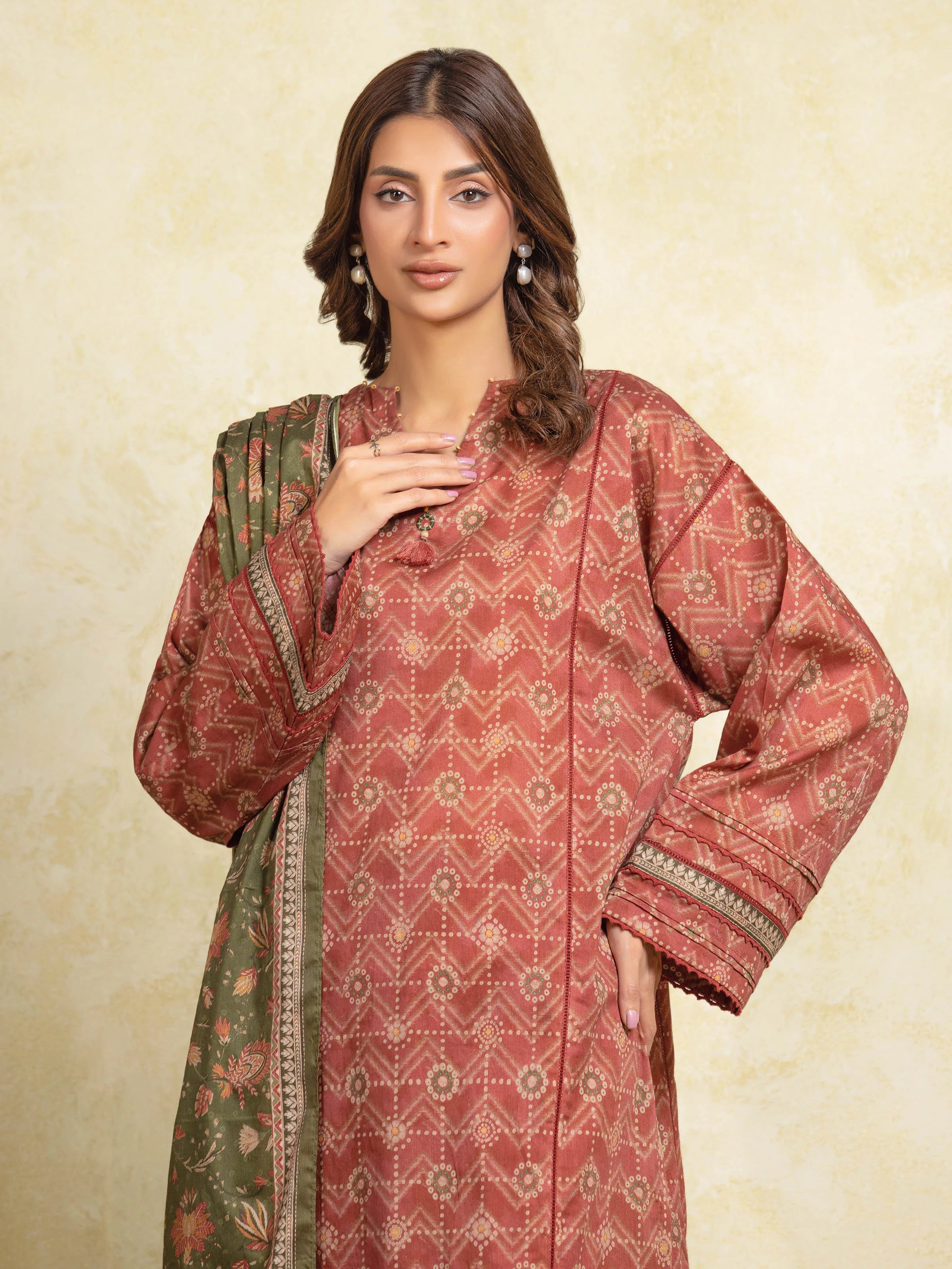 URB Unstitched Light Maroon Printed Khaddar 3 Piece