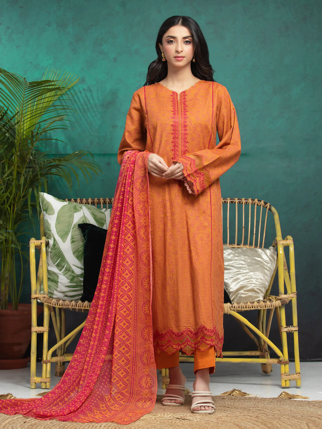 URB Unstitched Orange Embroidered Khaddar 3 Piece
