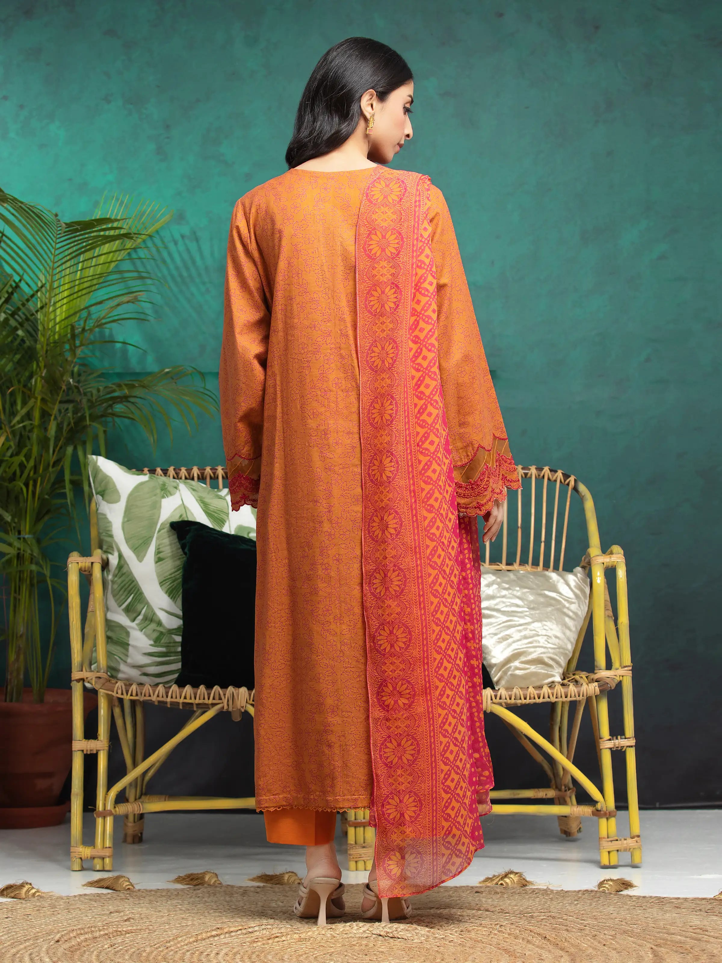 URB Unstitched Orange Embroidered Khaddar 3 Piece