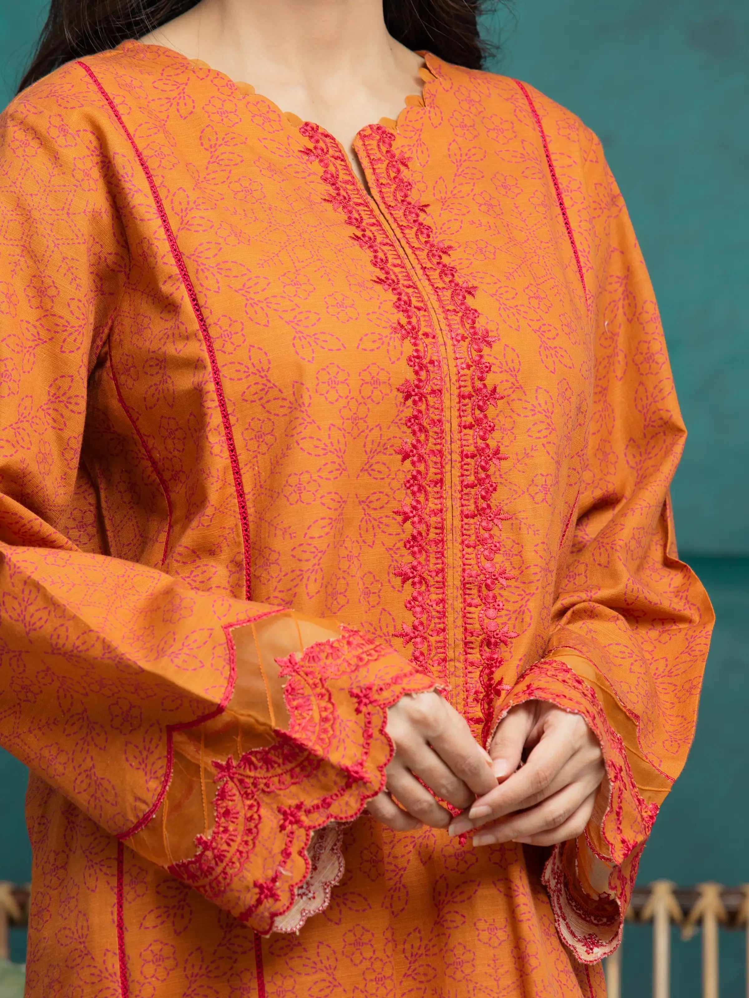 URB Unstitched Orange Embroidered Khaddar 3 Piece