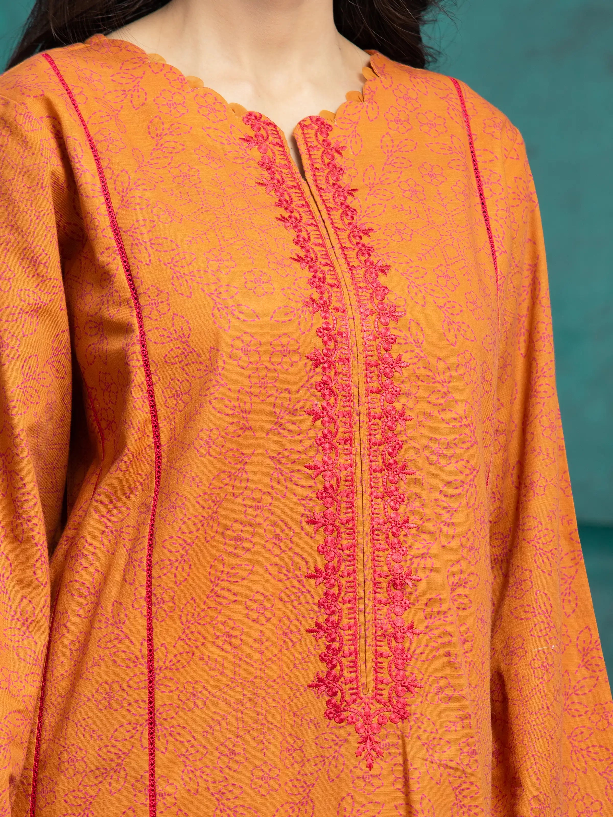 URB Unstitched Orange Embroidered Khaddar 3 Piece