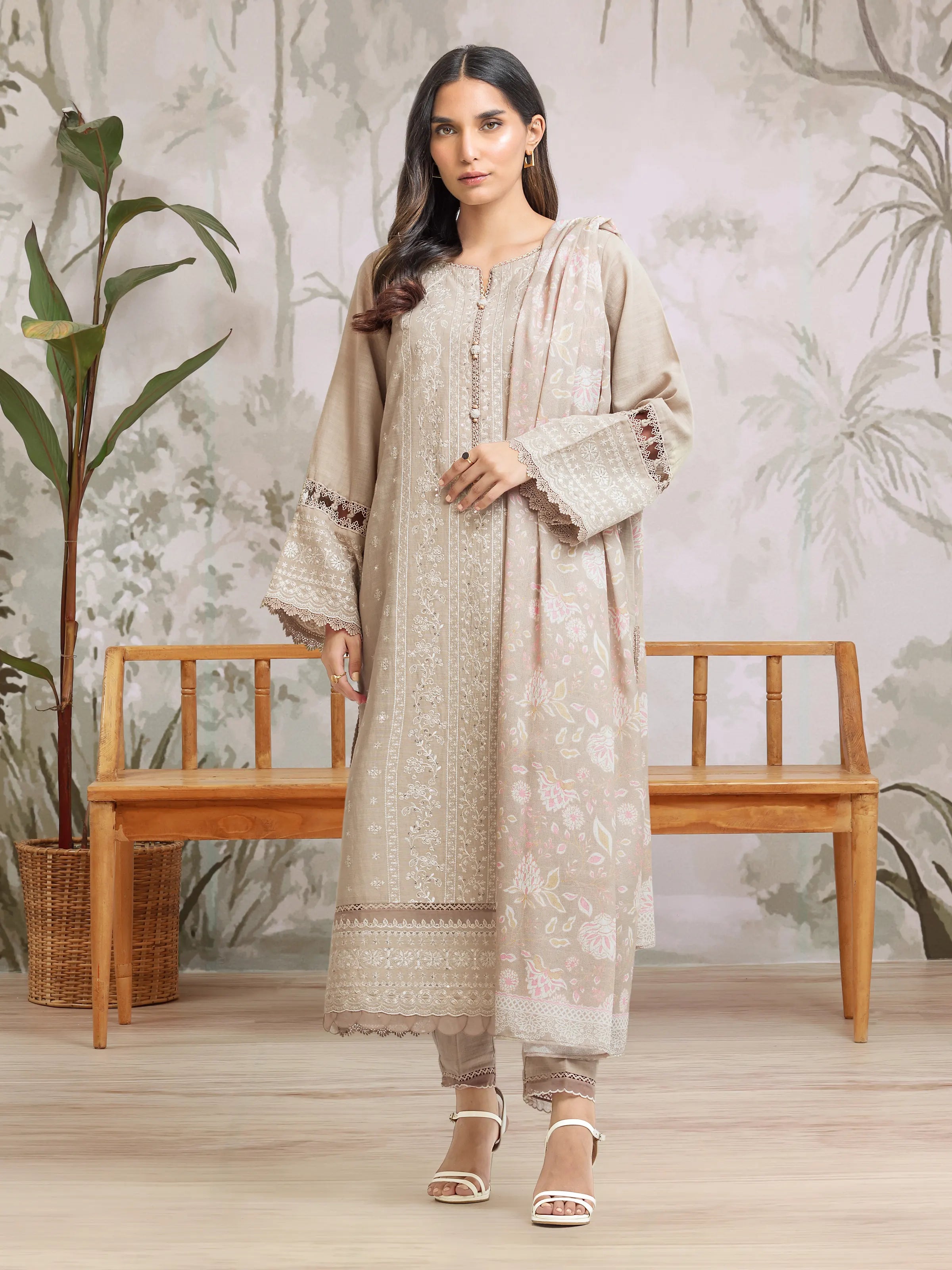 URB Unstitched Beige Embroidered Khaddar 3 Piece
