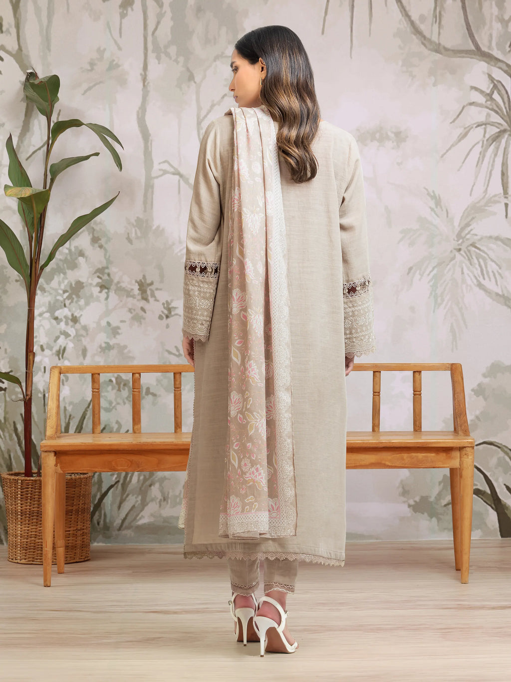 URB Unstitched Beige Embroidered Khaddar 3 Piece