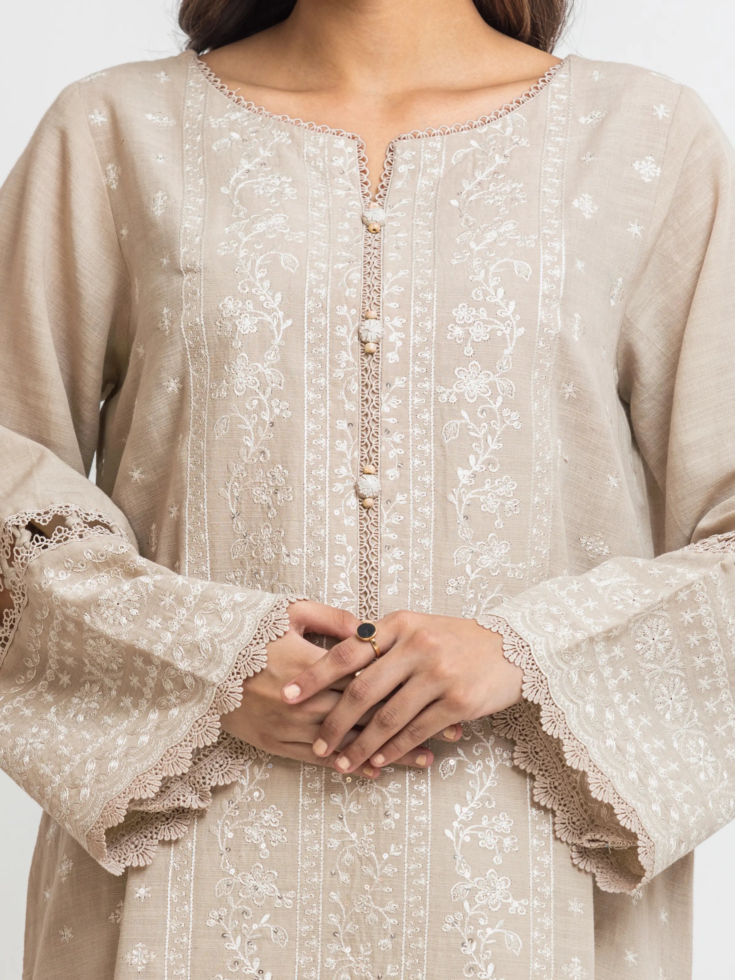 URB Unstitched Beige Embroidered Khaddar 3 Piece