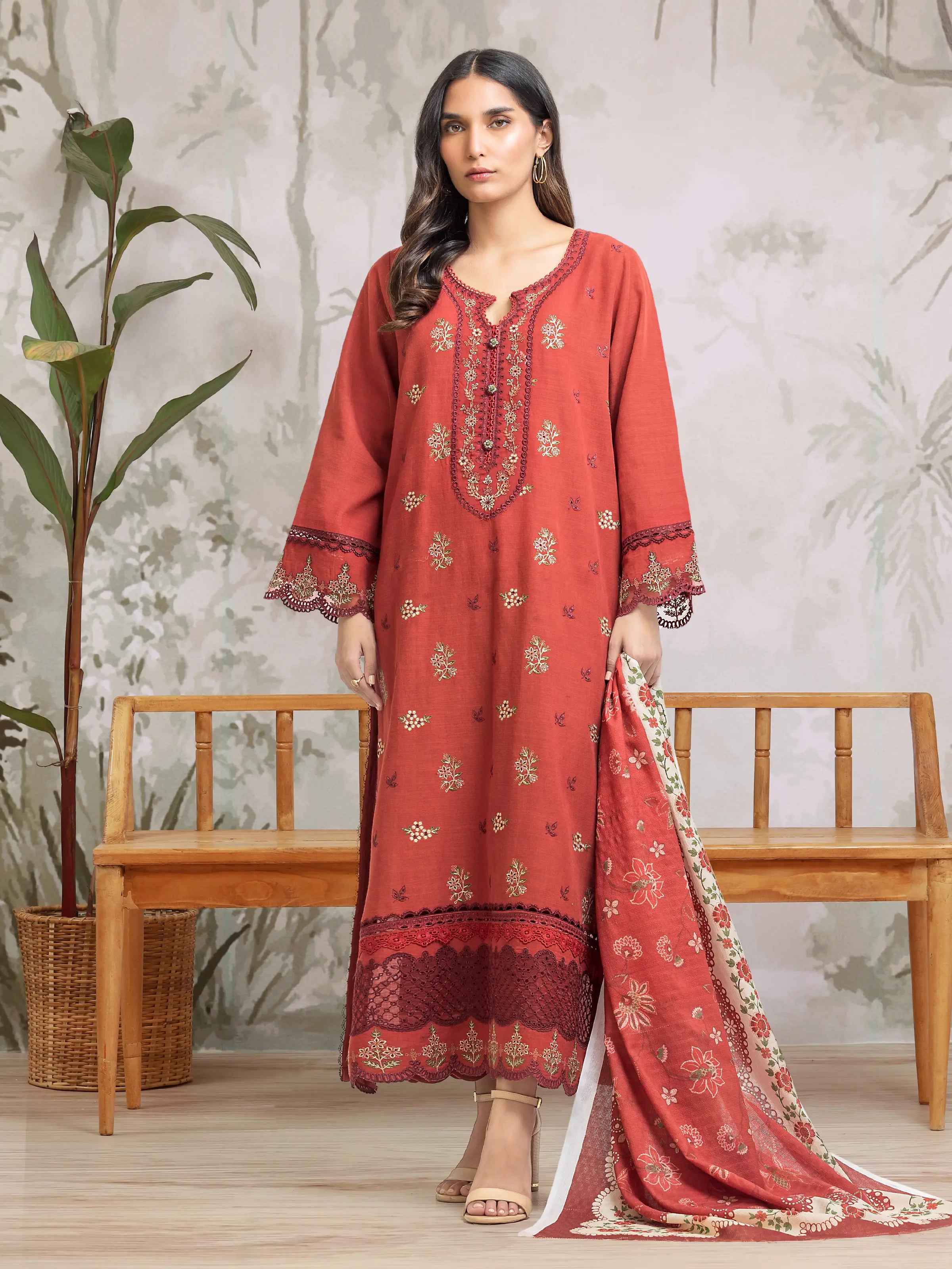 Unstitched Rust Embroidered Khaddar 3 Piece