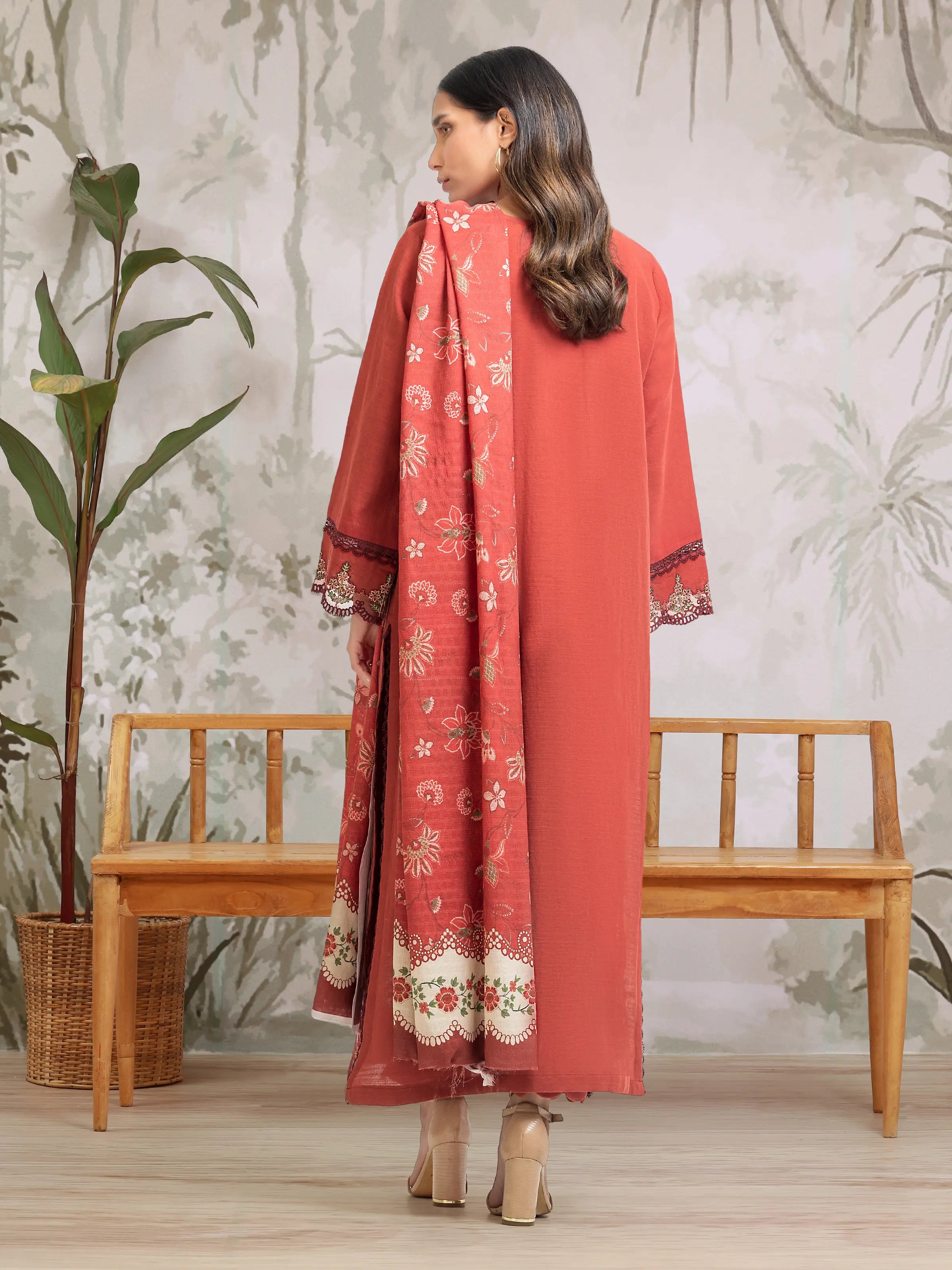 Unstitched Rust Embroidered Khaddar 3 Piece