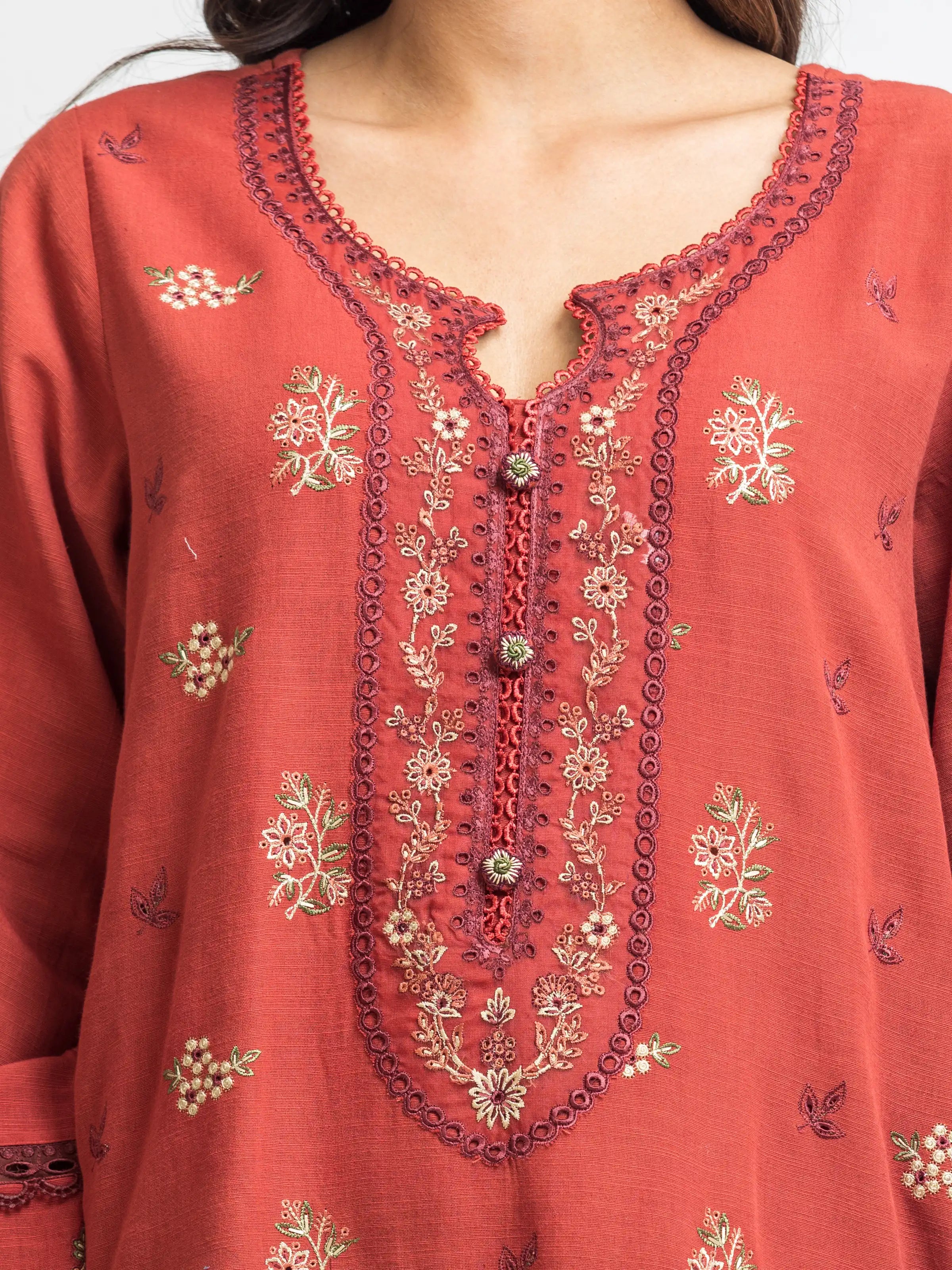 Unstitched Rust Embroidered Khaddar 3 Piece