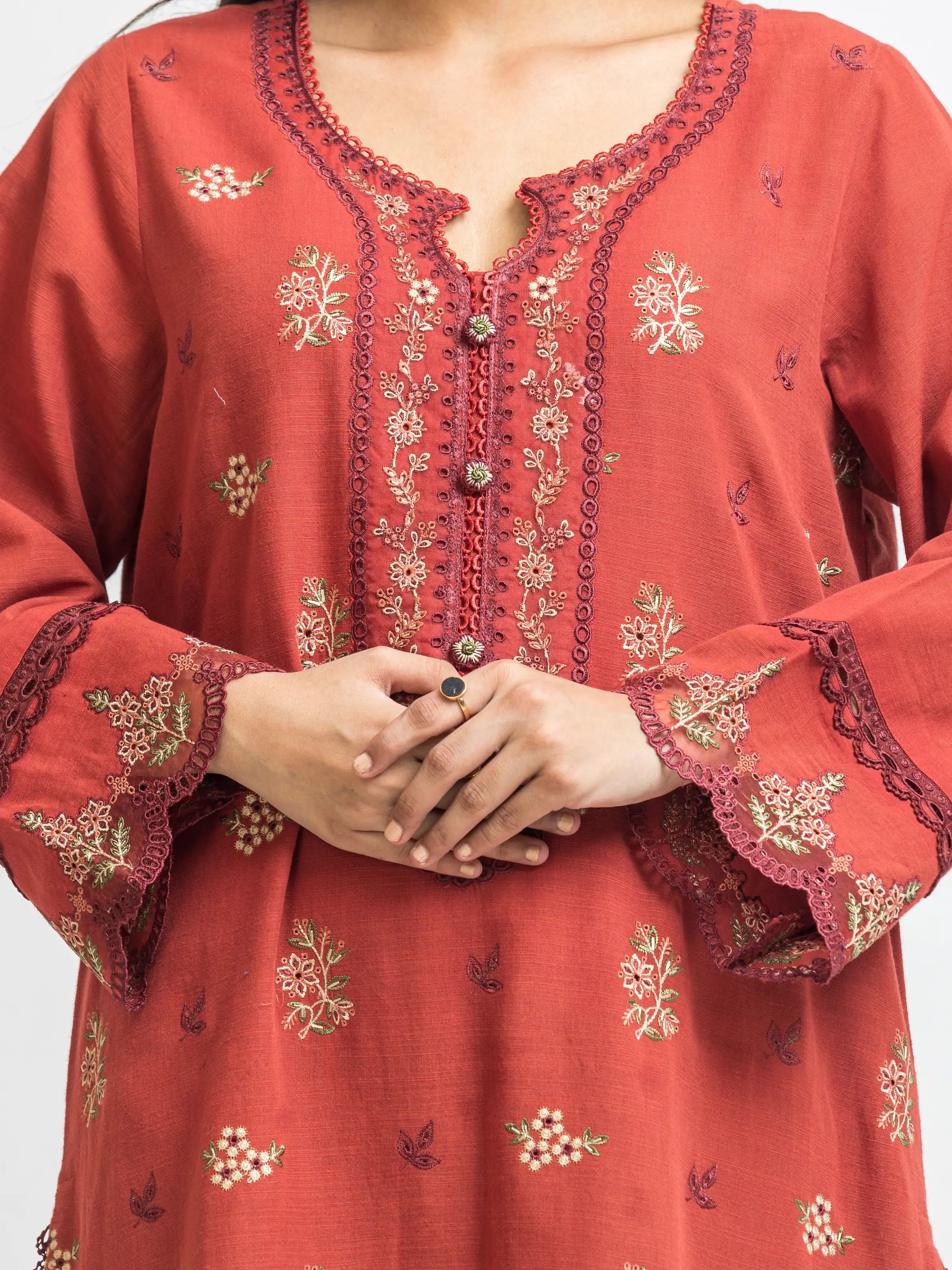 Unstitched Rust Embroidered Khaddar 3 Piece