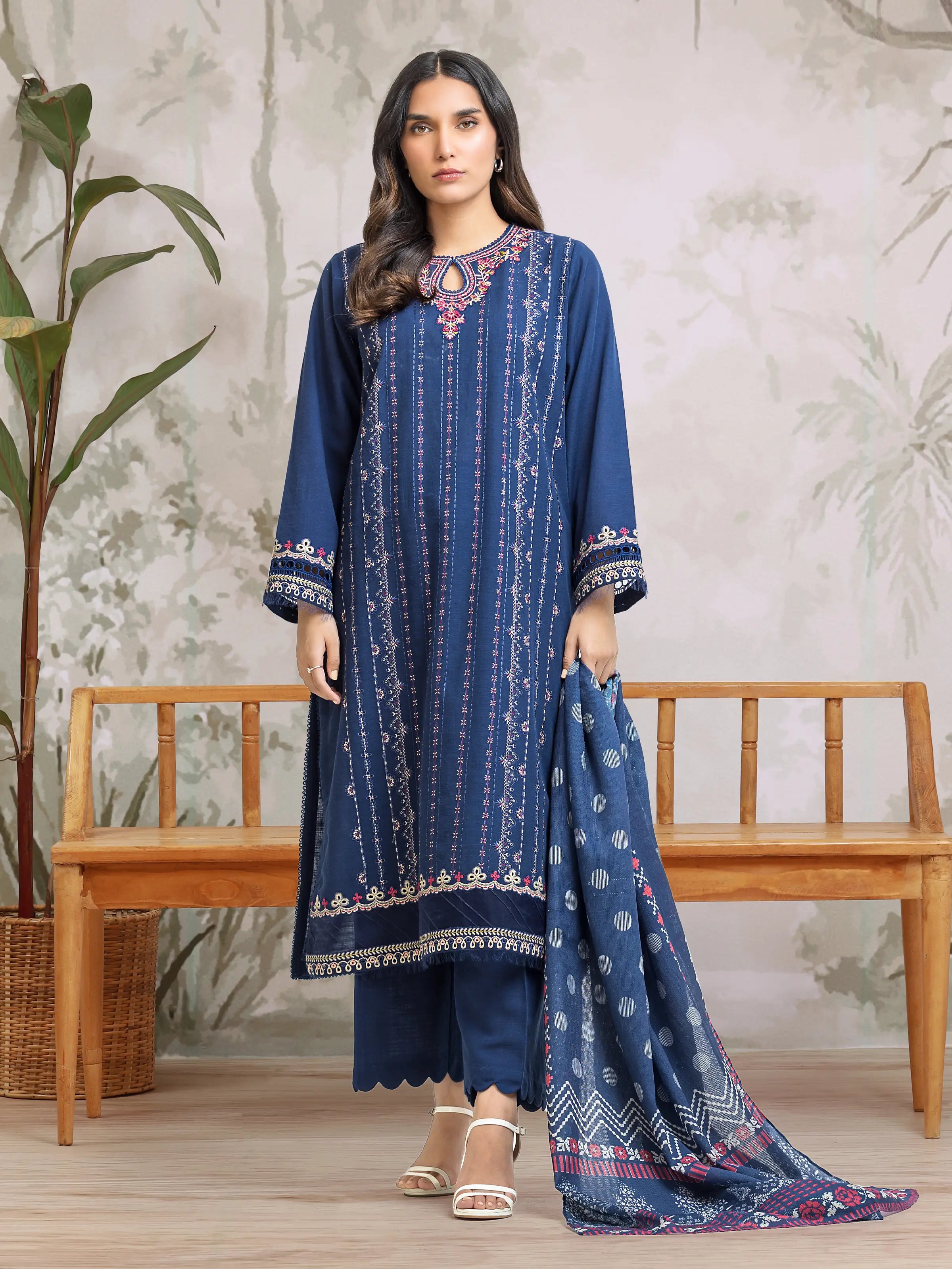 URB Unstitched Blue Embroidered Khaddar 3 Piece