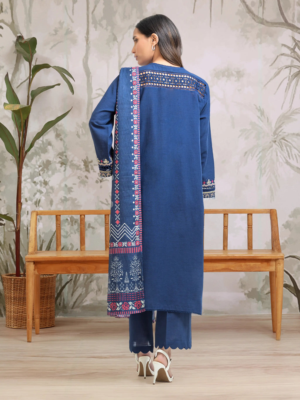 URB Unstitched Blue Embroidered Khaddar 3 Piece