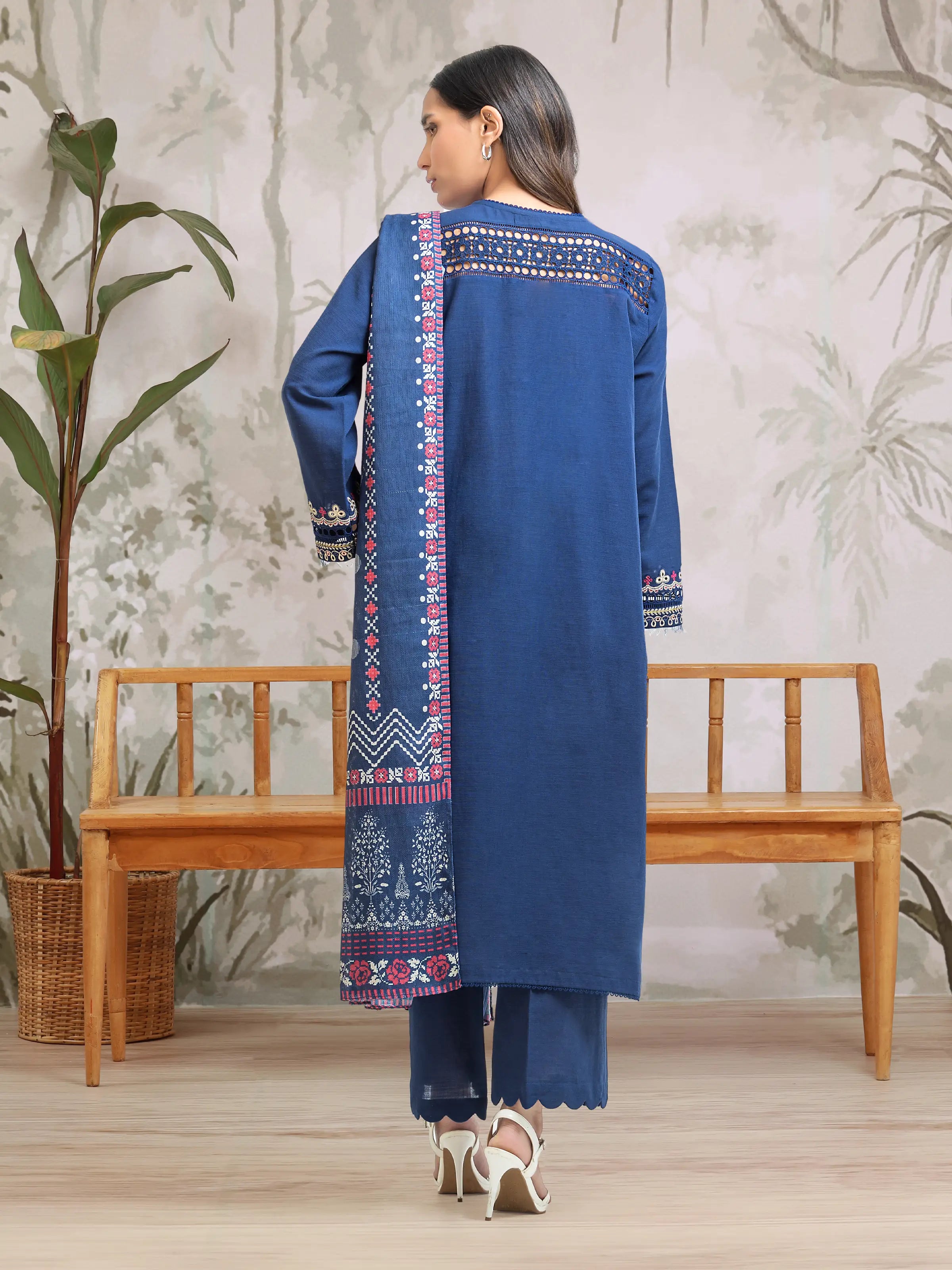 URB Unstitched Blue Embroidered Khaddar 3 Piece