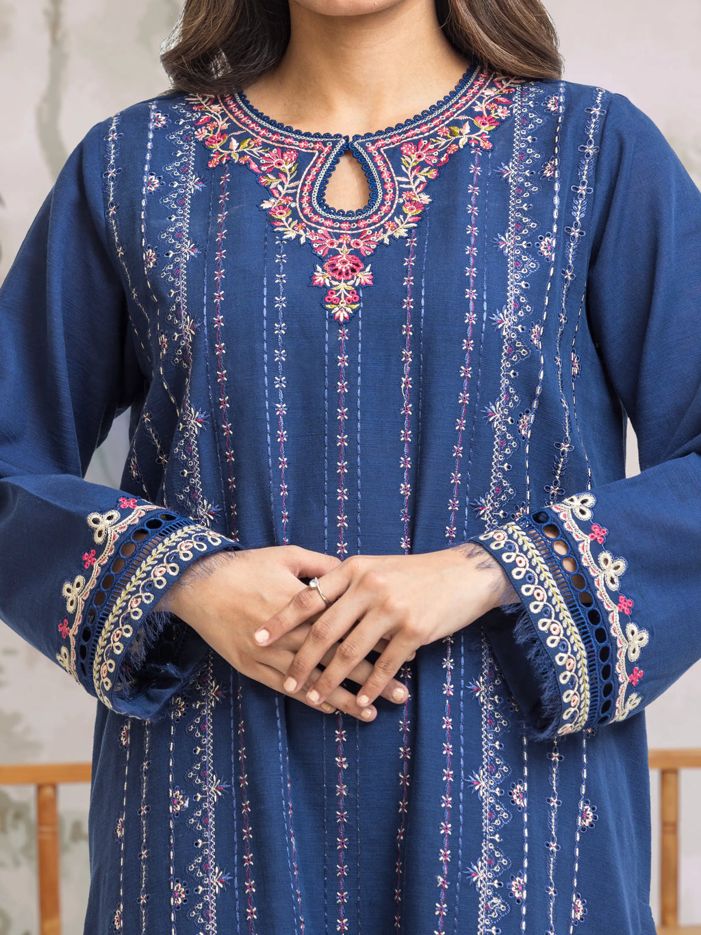 URB Unstitched Blue Embroidered Khaddar 3 Piece