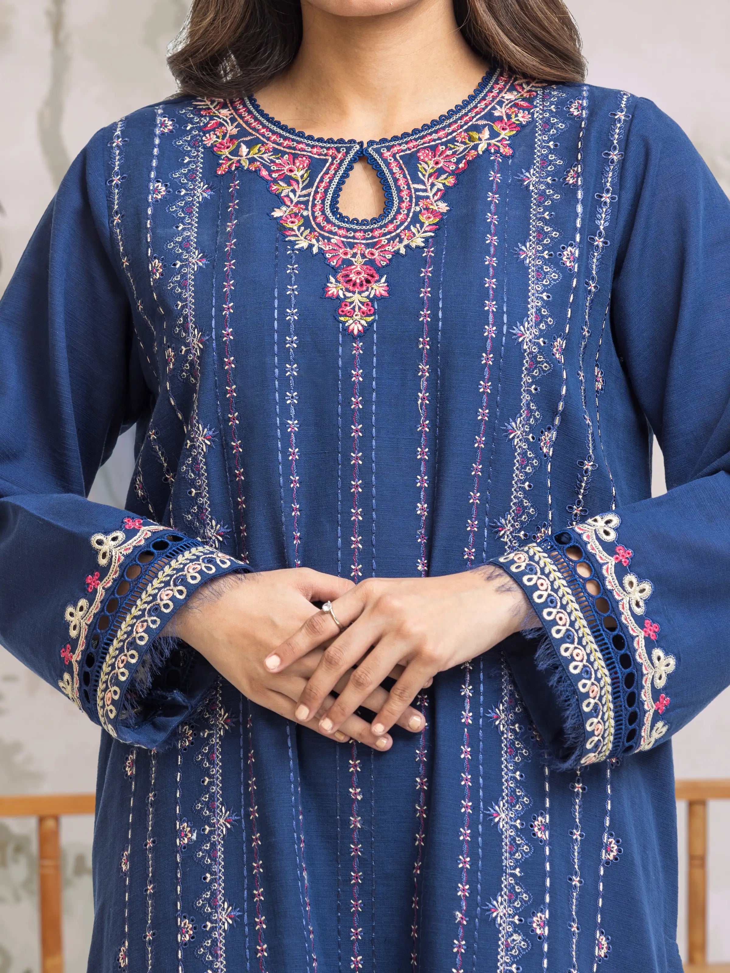 URB Unstitched Blue Embroidered Khaddar 3 Piece