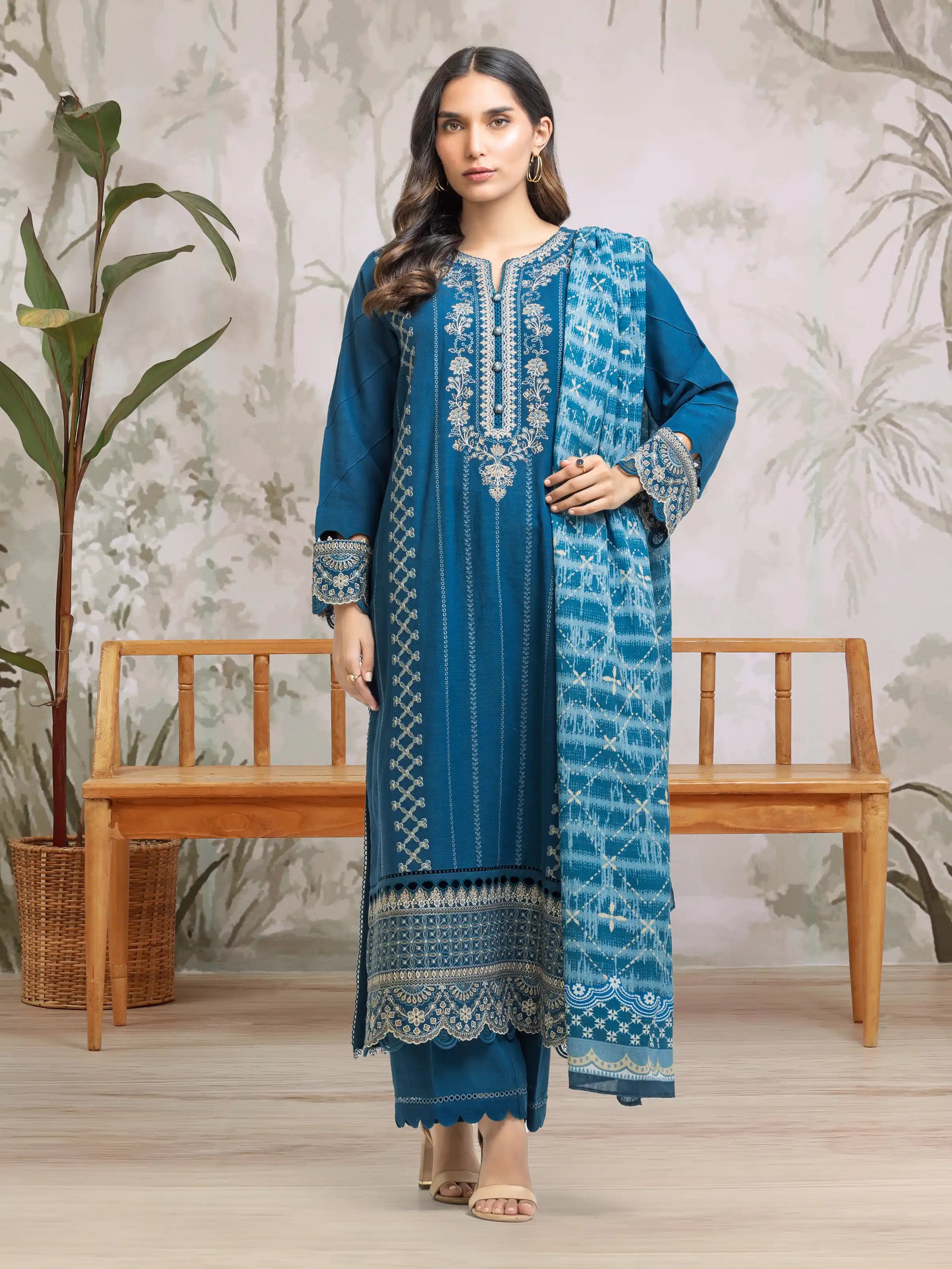 URB Unstitched Dark Turquoise Embroidered Khaddar 3 Piece