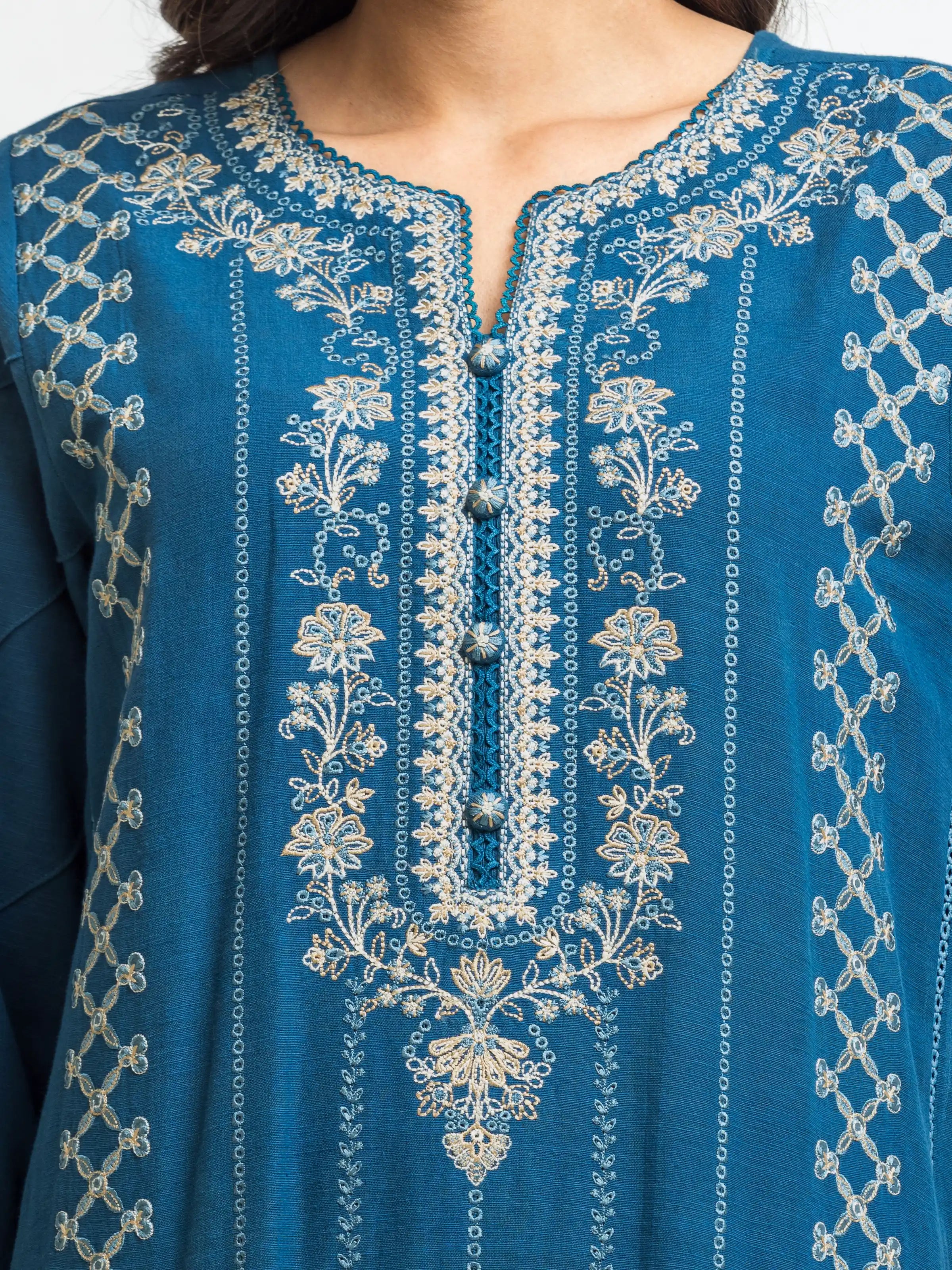 URB Unstitched Dark Turquoise Embroidered Khaddar 3 Piece