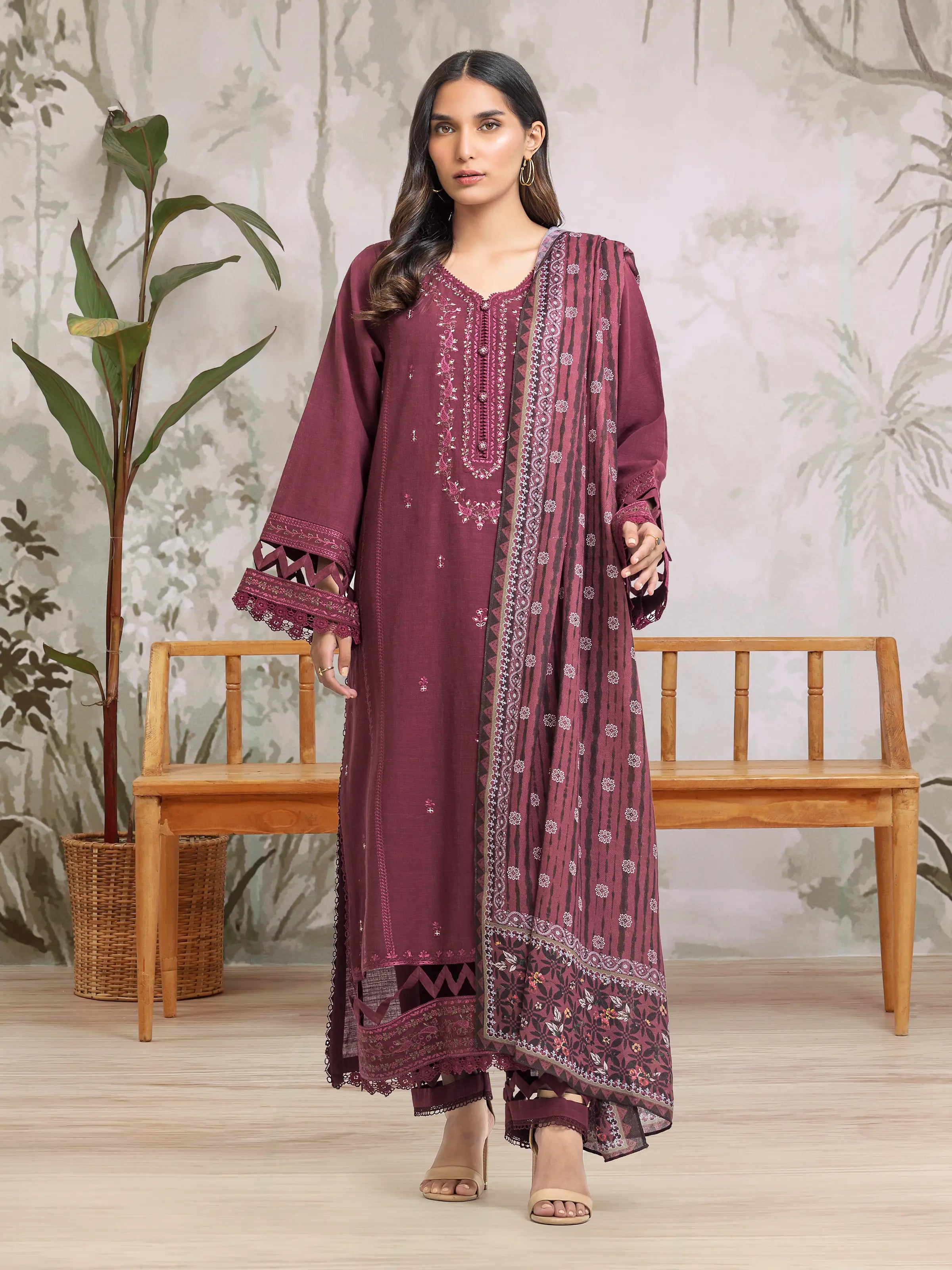 URB Unstitched Dark Maroon Embroidered Khaddar 3 Piece