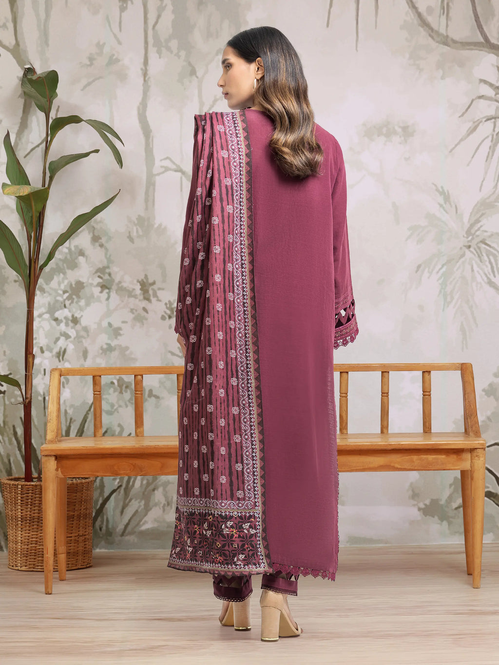 URB Unstitched Dark Maroon Embroidered Khaddar 3 Piece