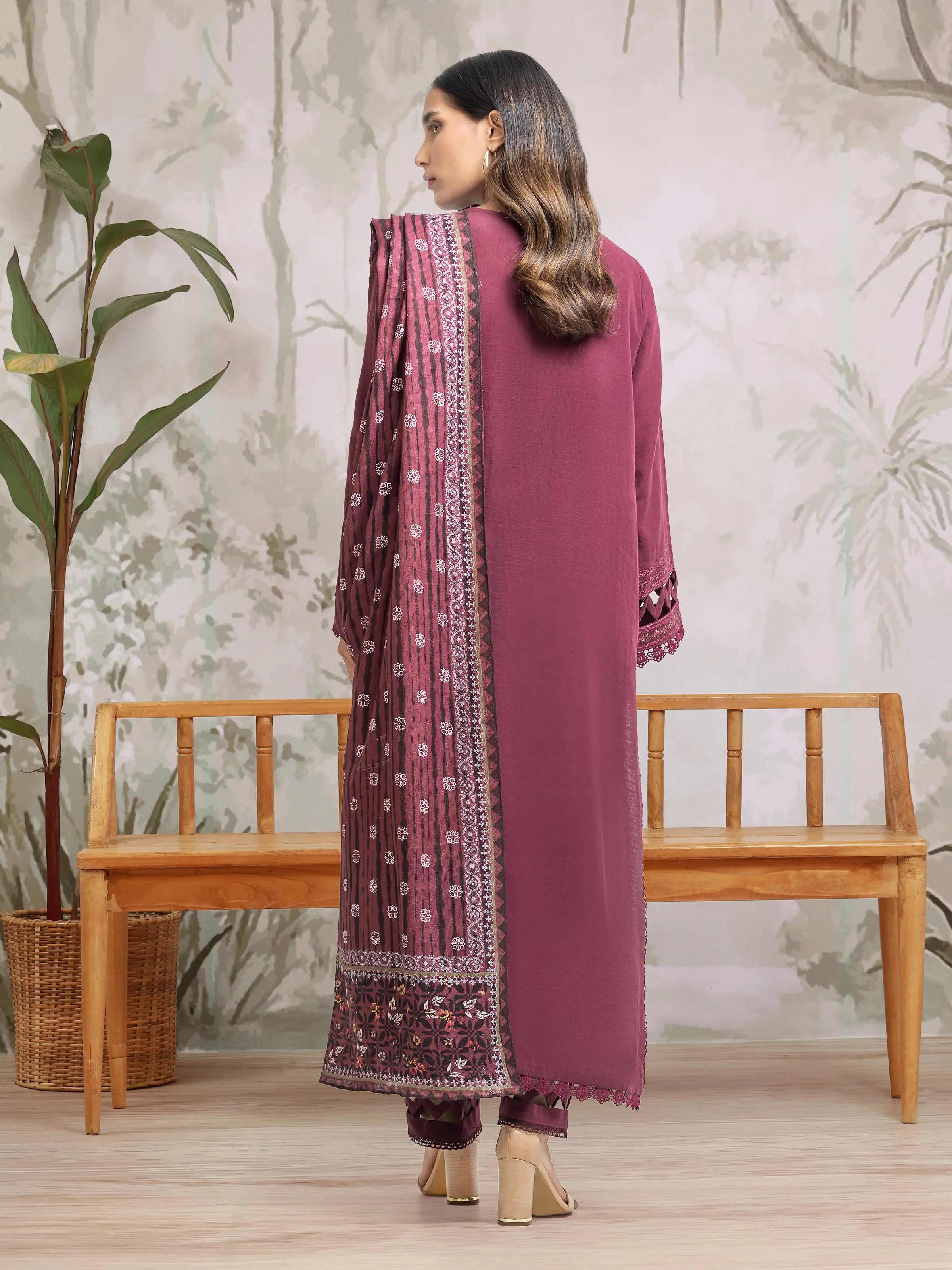 URB Unstitched Dark Maroon Embroidered Khaddar 3 Piece