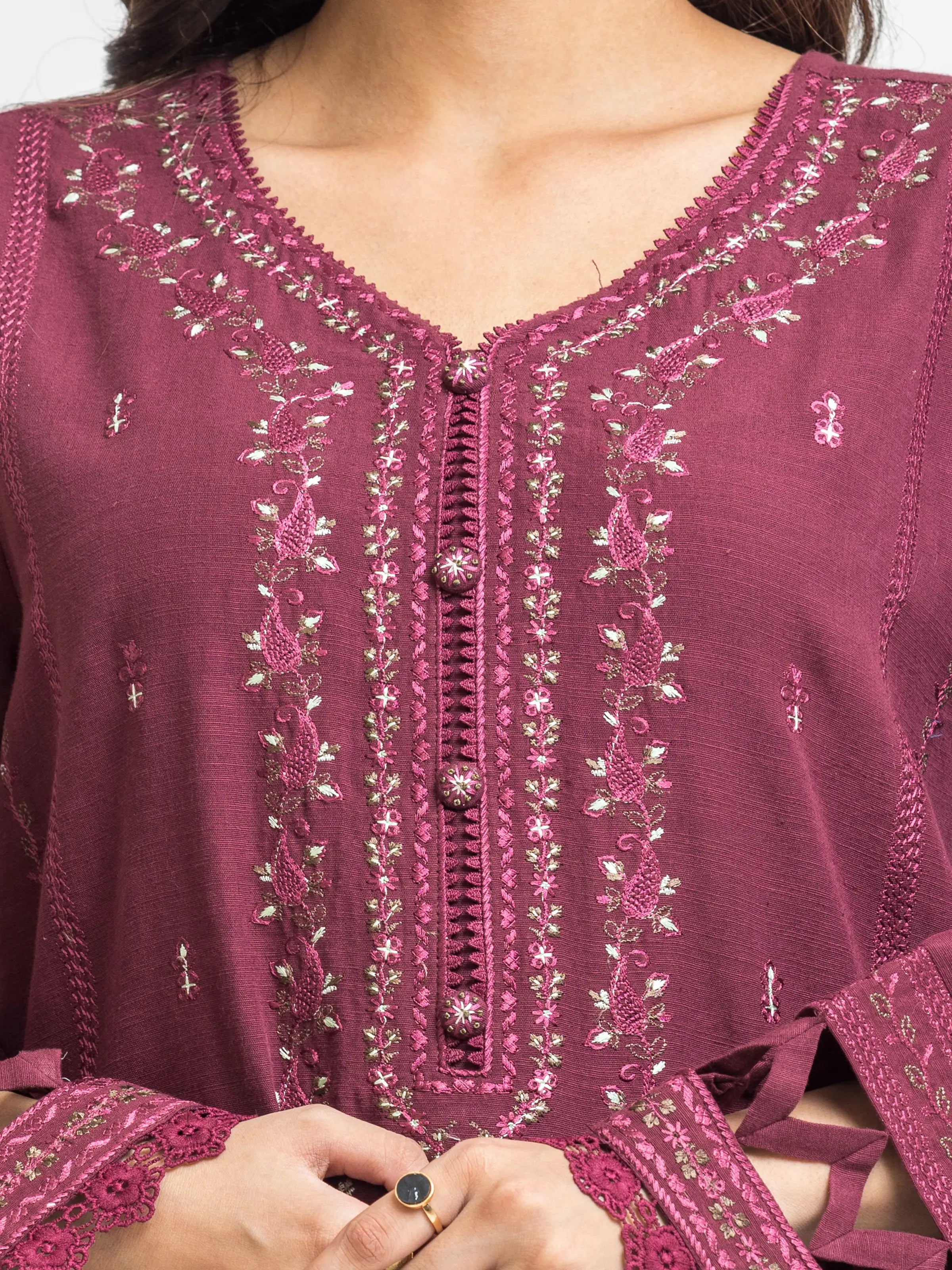 URB Unstitched Dark Maroon Embroidered Khaddar 3 Piece