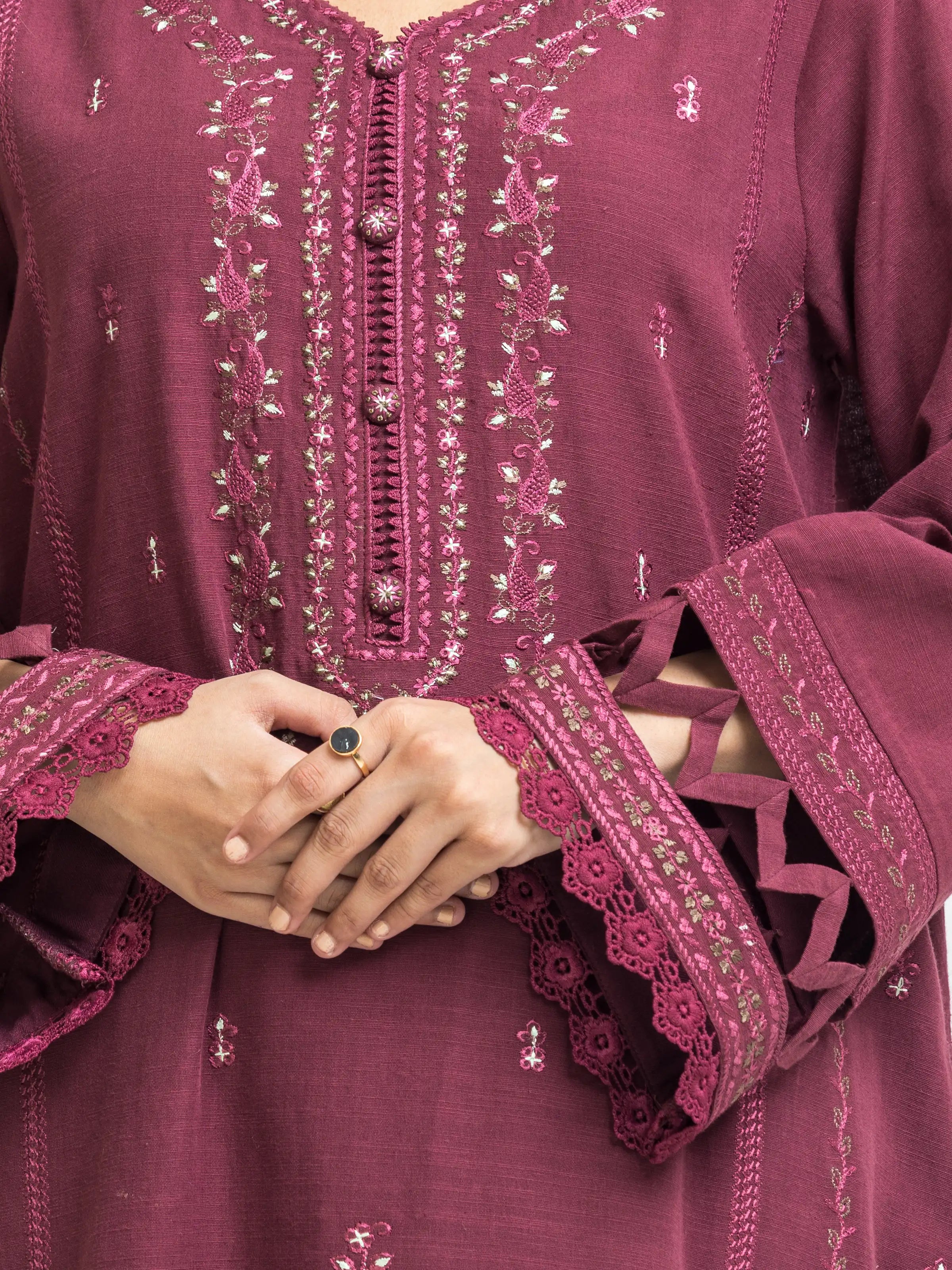URB Unstitched Dark Maroon Embroidered Khaddar 3 Piece