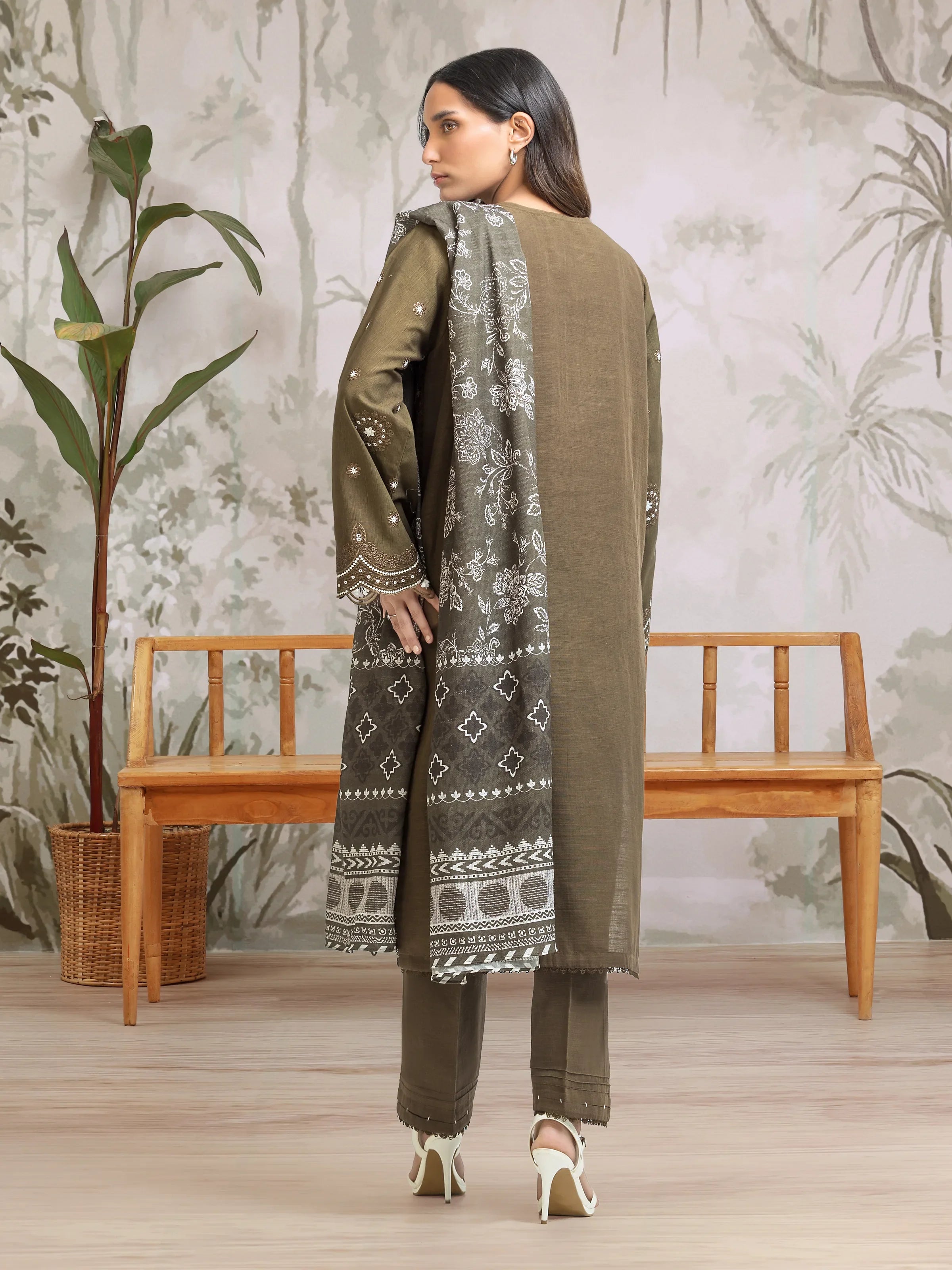 URB Unstitched Mehndi Embroidered Khaddar 3 Piece