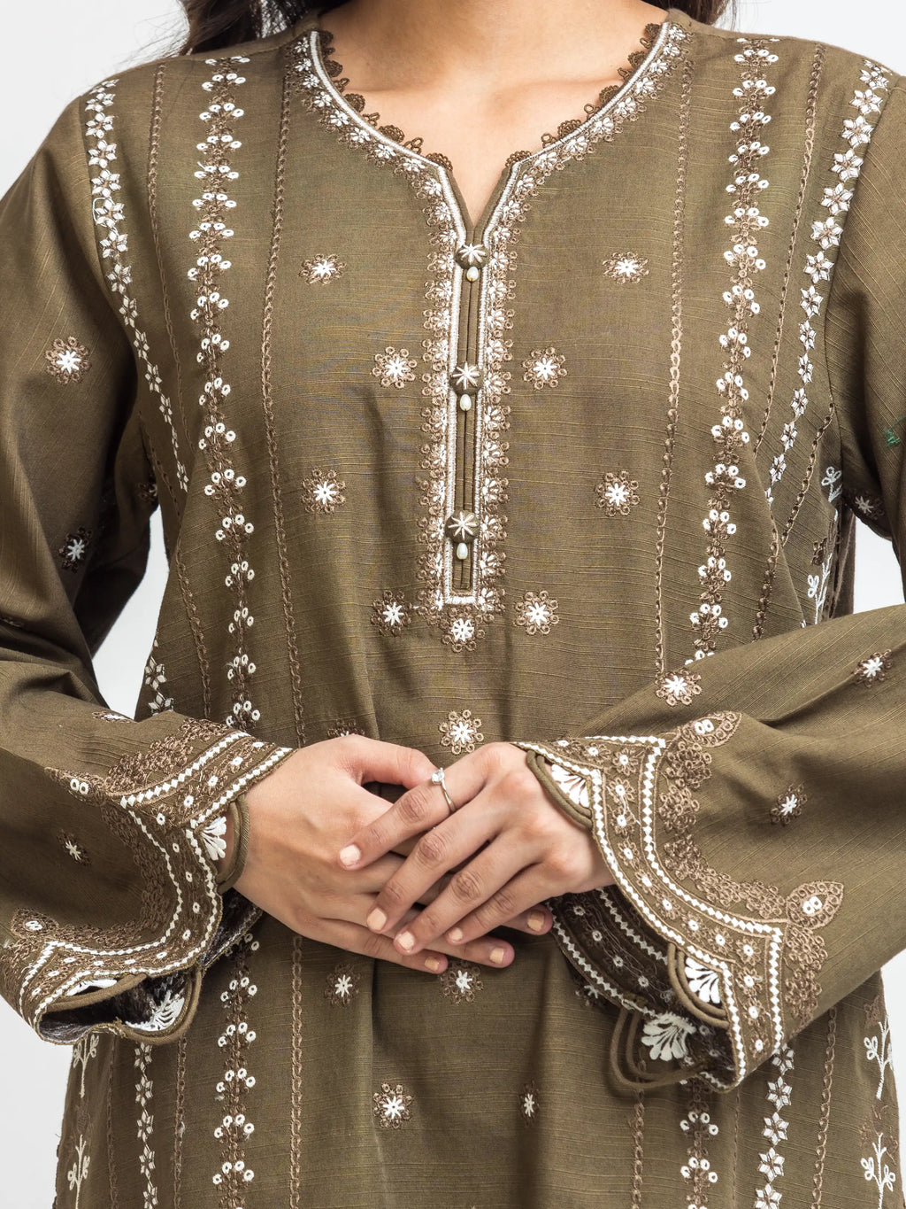 URB Unstitched Mehndi Embroidered Khaddar 3 Piece