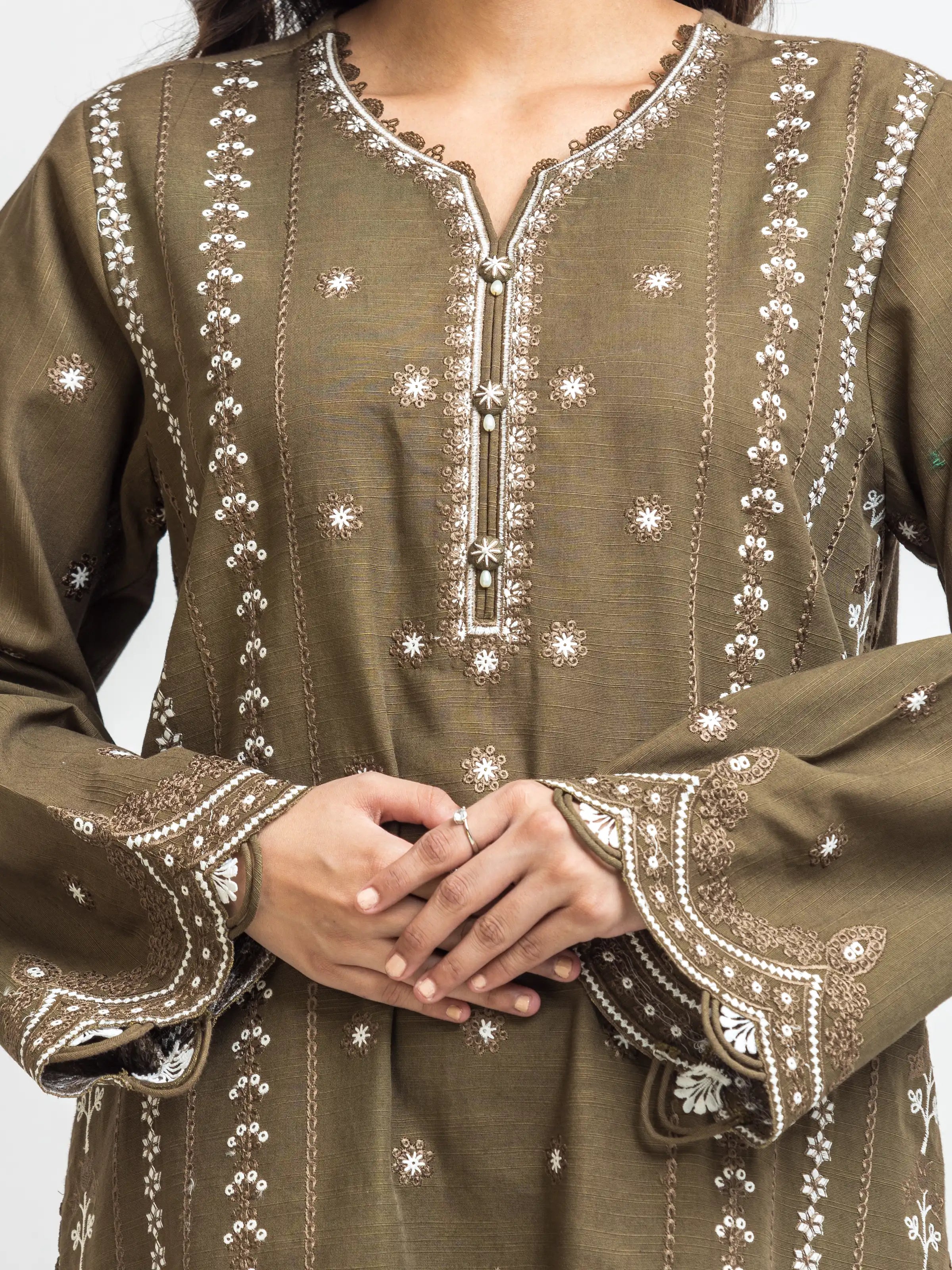 URB Unstitched Mehndi Embroidered Khaddar 3 Piece