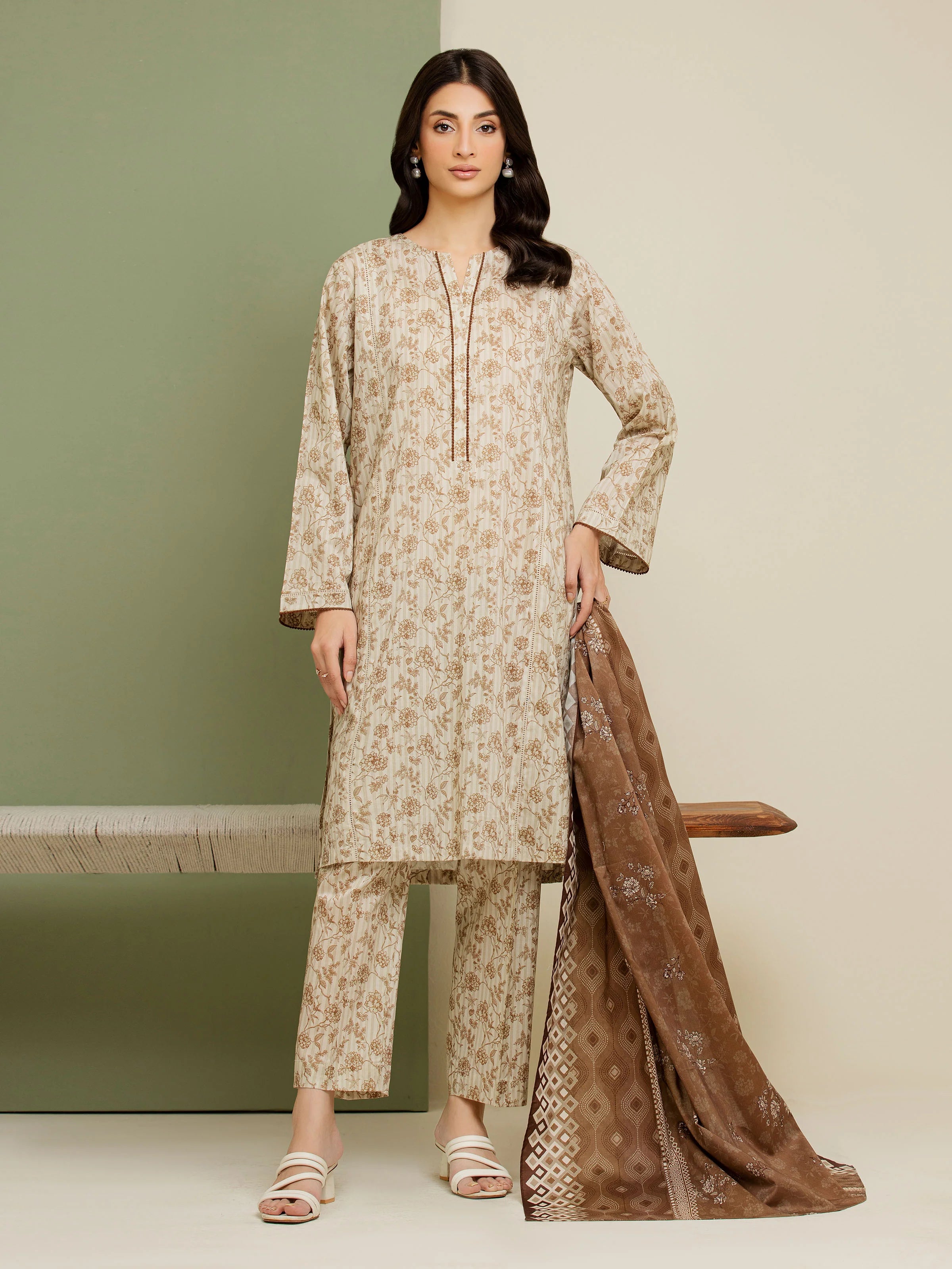 3 Piece Unstitched Lawn Suit Beige Printed