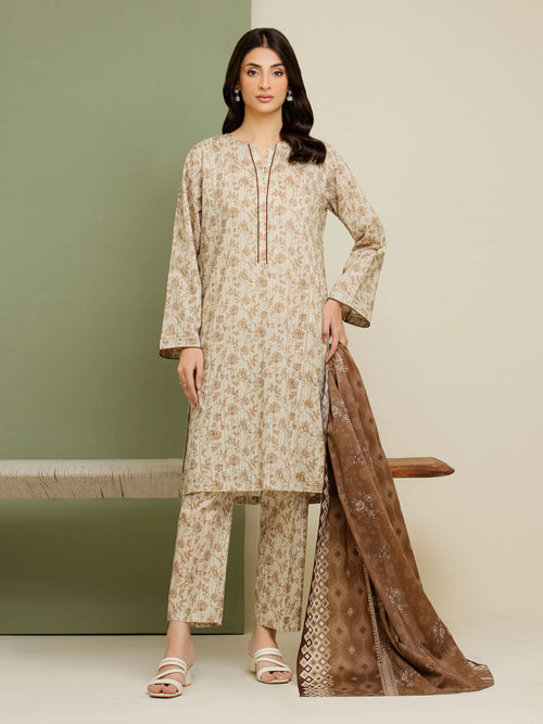 3 Piece Unstitched Lawn Suit Beige Printed