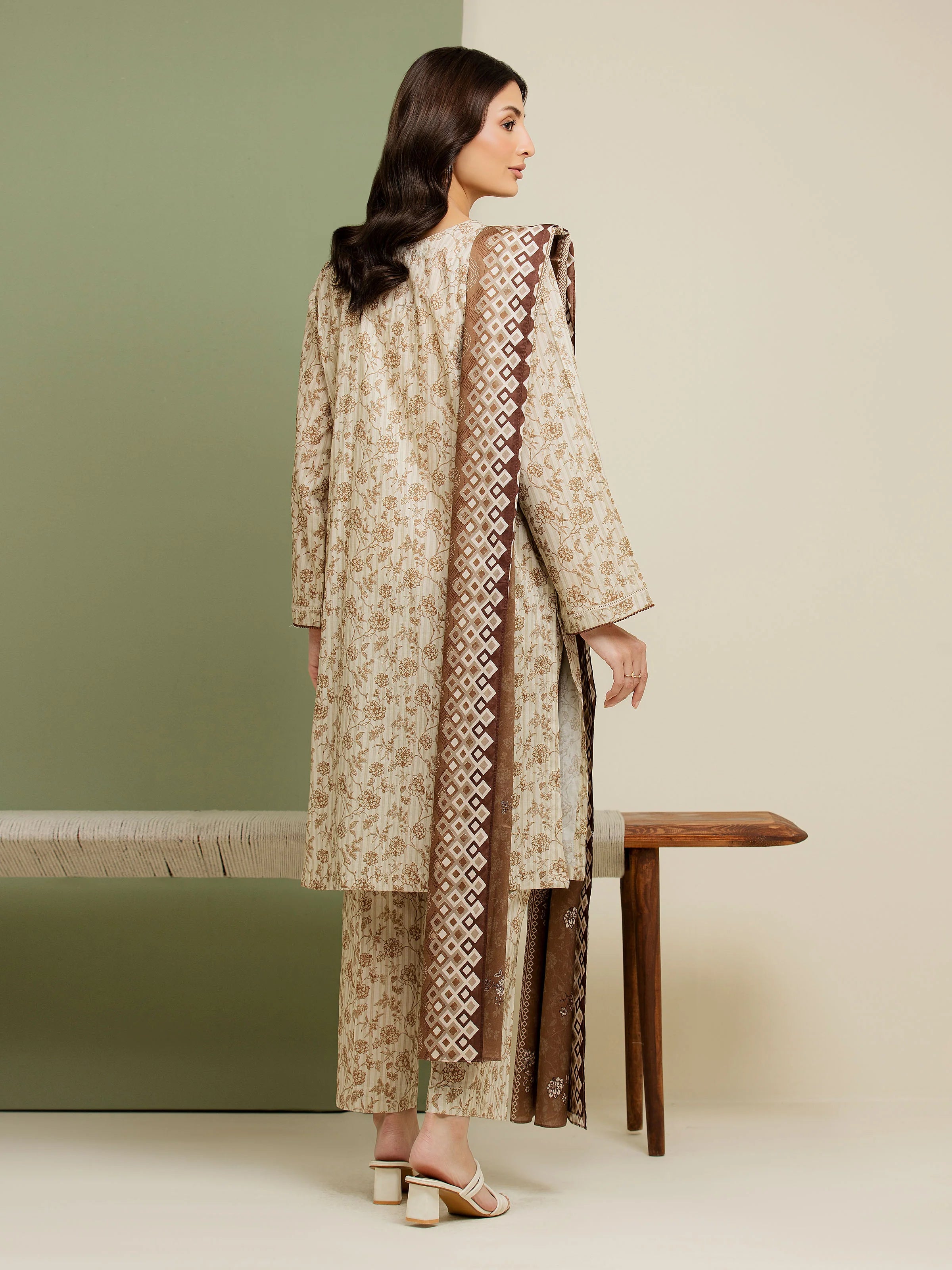 3 Piece Unstitched Lawn Suit Beige Printed