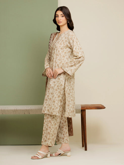 3 Piece Unstitched Lawn Suit Beige Printed
