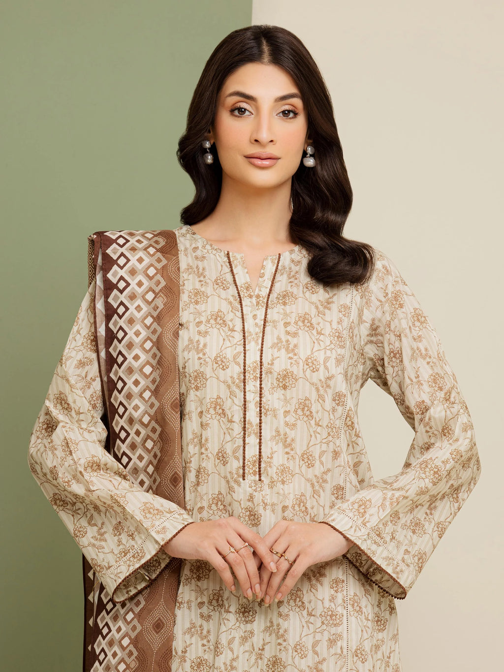 3 Piece Unstitched Lawn Suit Beige Printed