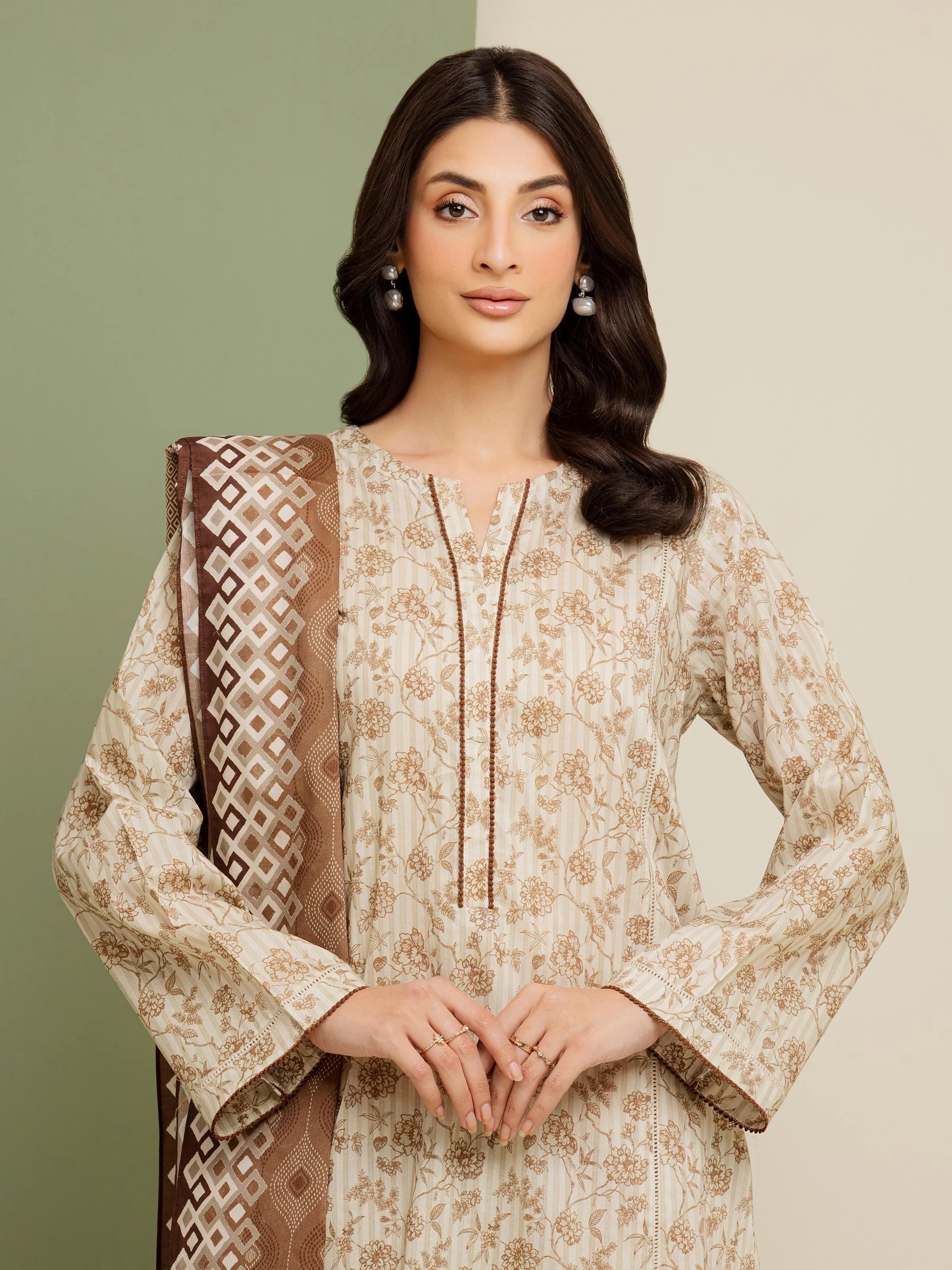 3 Piece Unstitched Lawn Suit Beige Printed