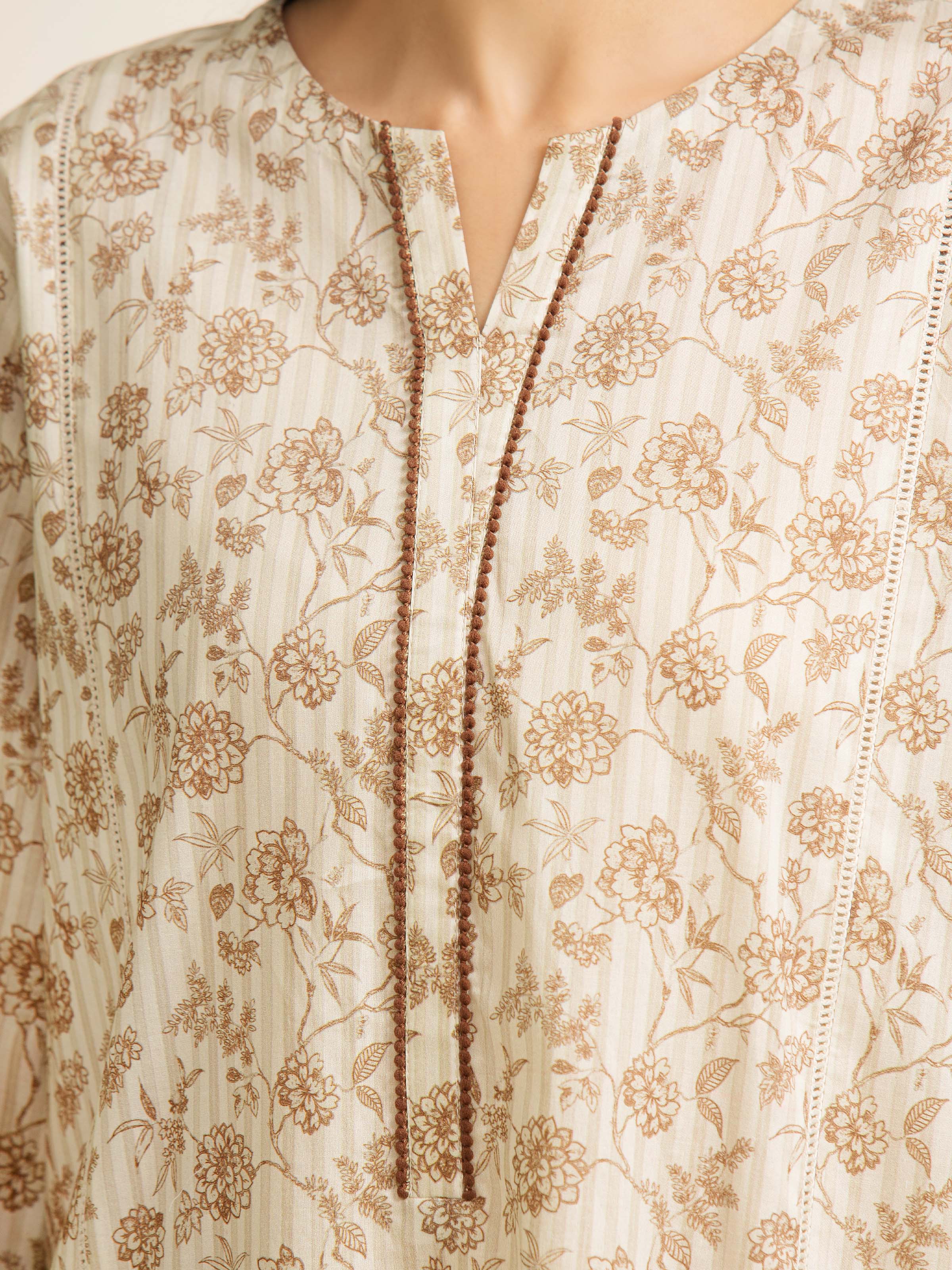 3 Piece Unstitched Lawn Suit Beige Printed