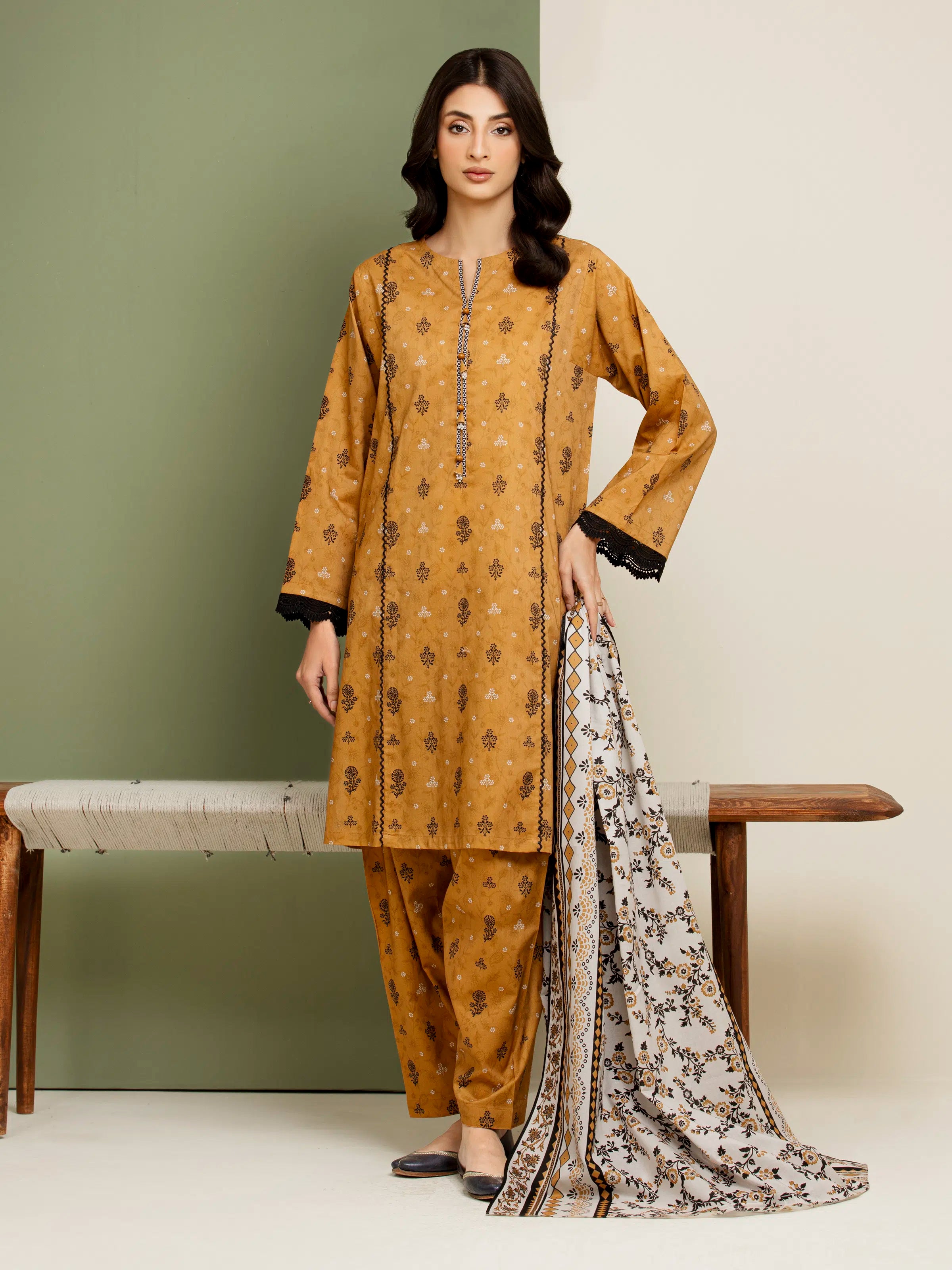 3 Piece Unstitched Lawn Suit Light Brown Printed