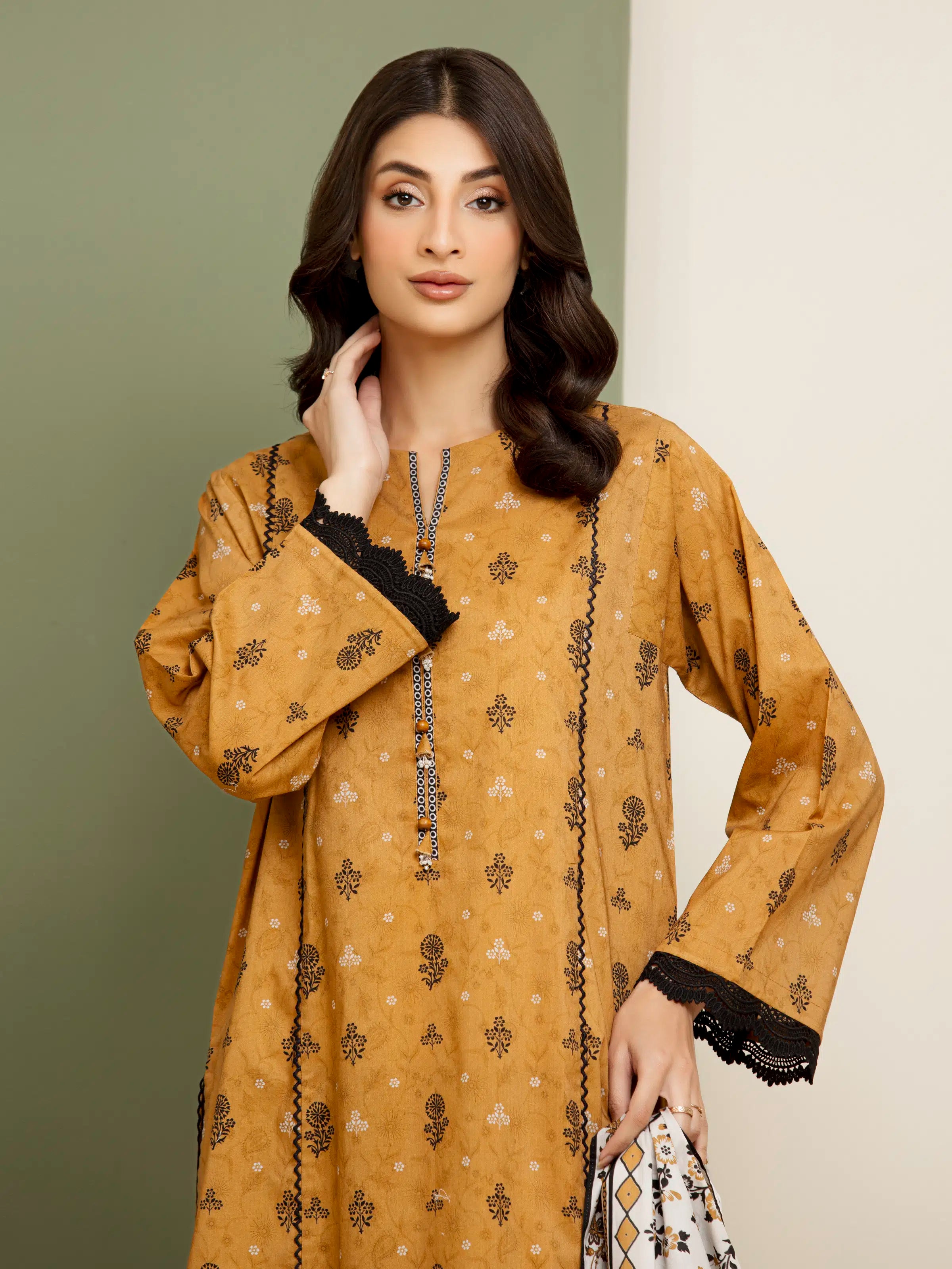 3 Piece Unstitched Lawn Suit Light Brown Printed