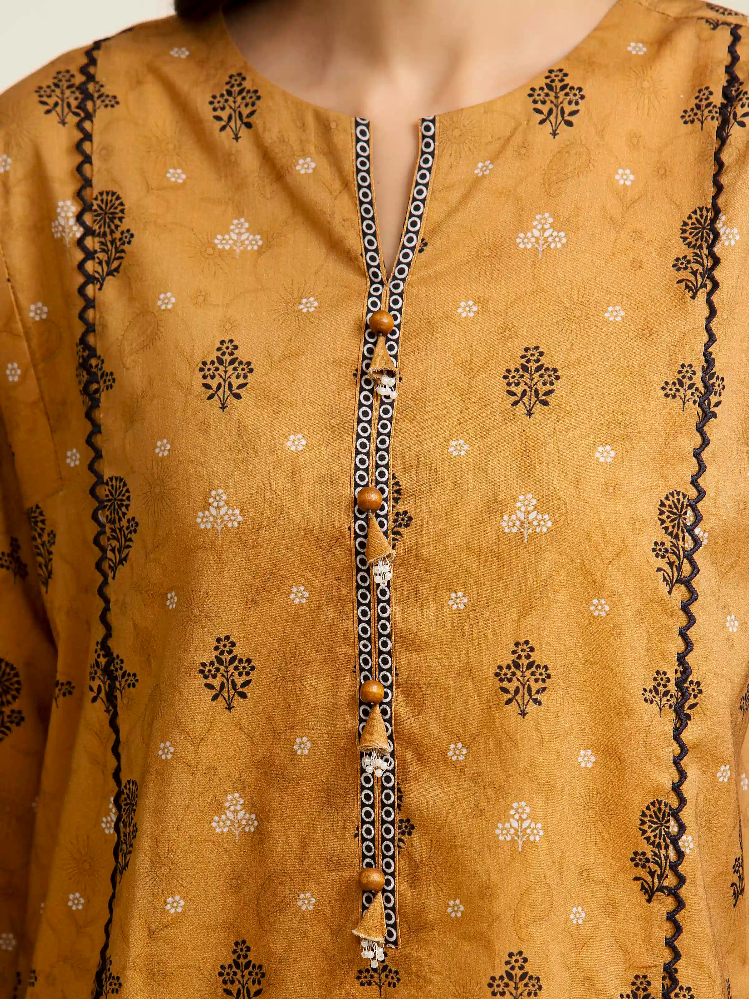 3 Piece Unstitched Lawn Suit Light Brown Printed