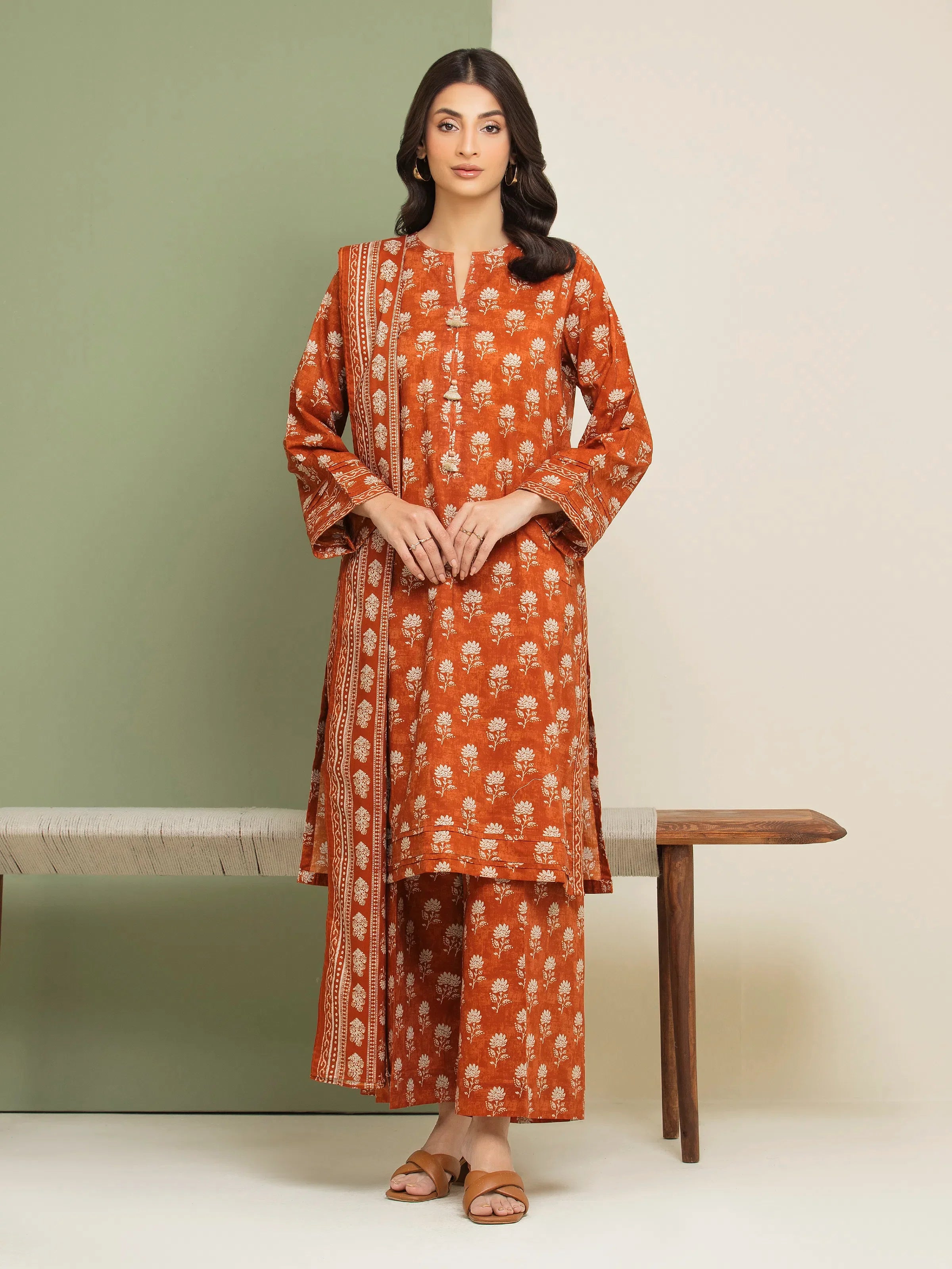 3 Piece Unstitched Lawn Suit Dark Orange Printed