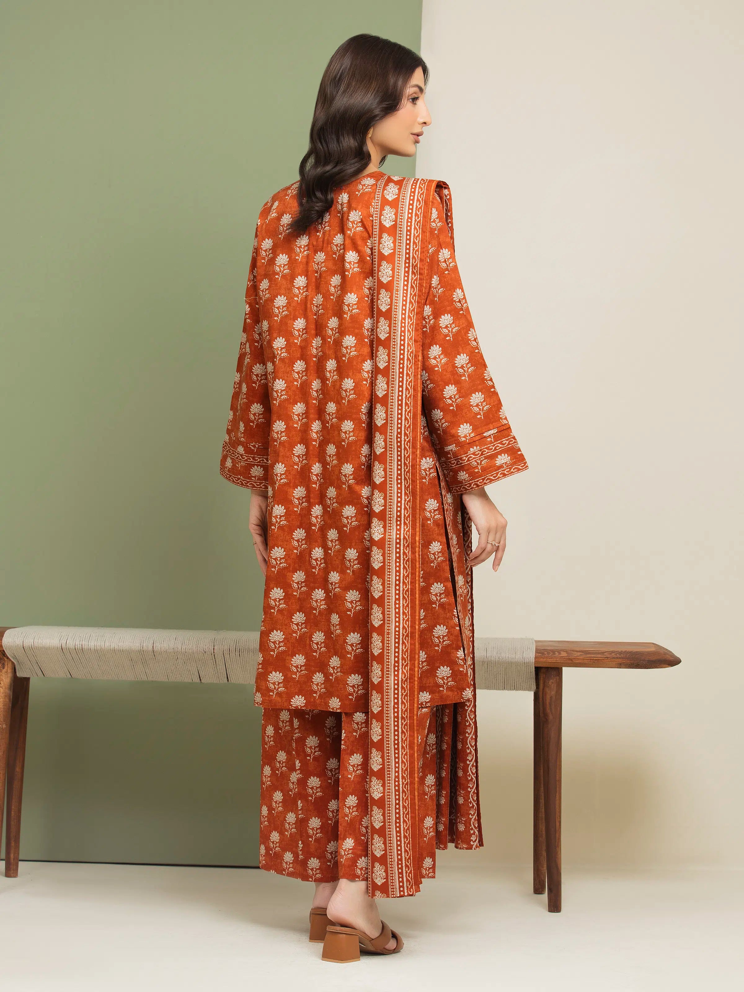 3 Piece Unstitched Lawn Suit Dark Orange Printed