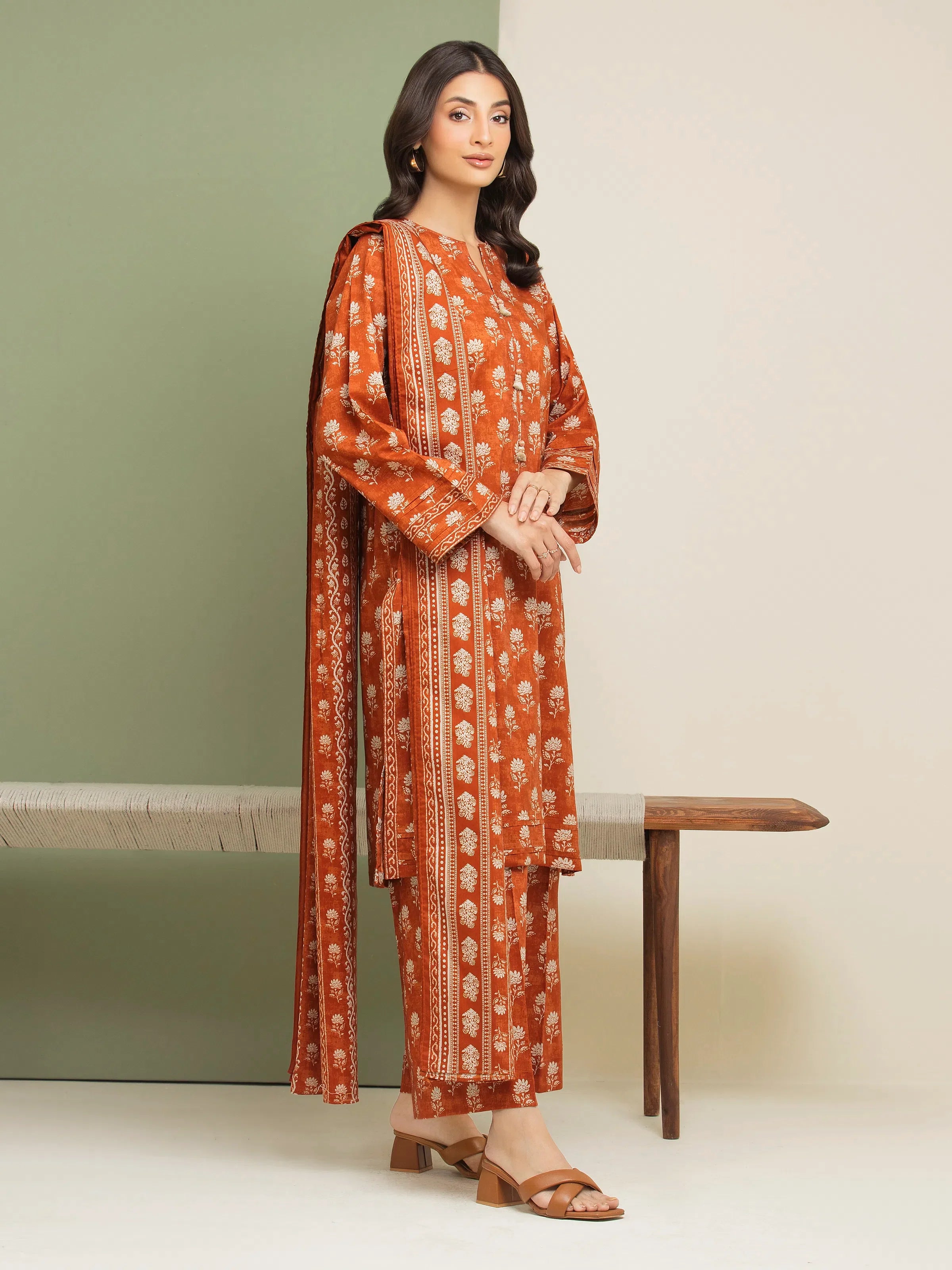 3 Piece Unstitched Lawn Suit Dark Orange Printed