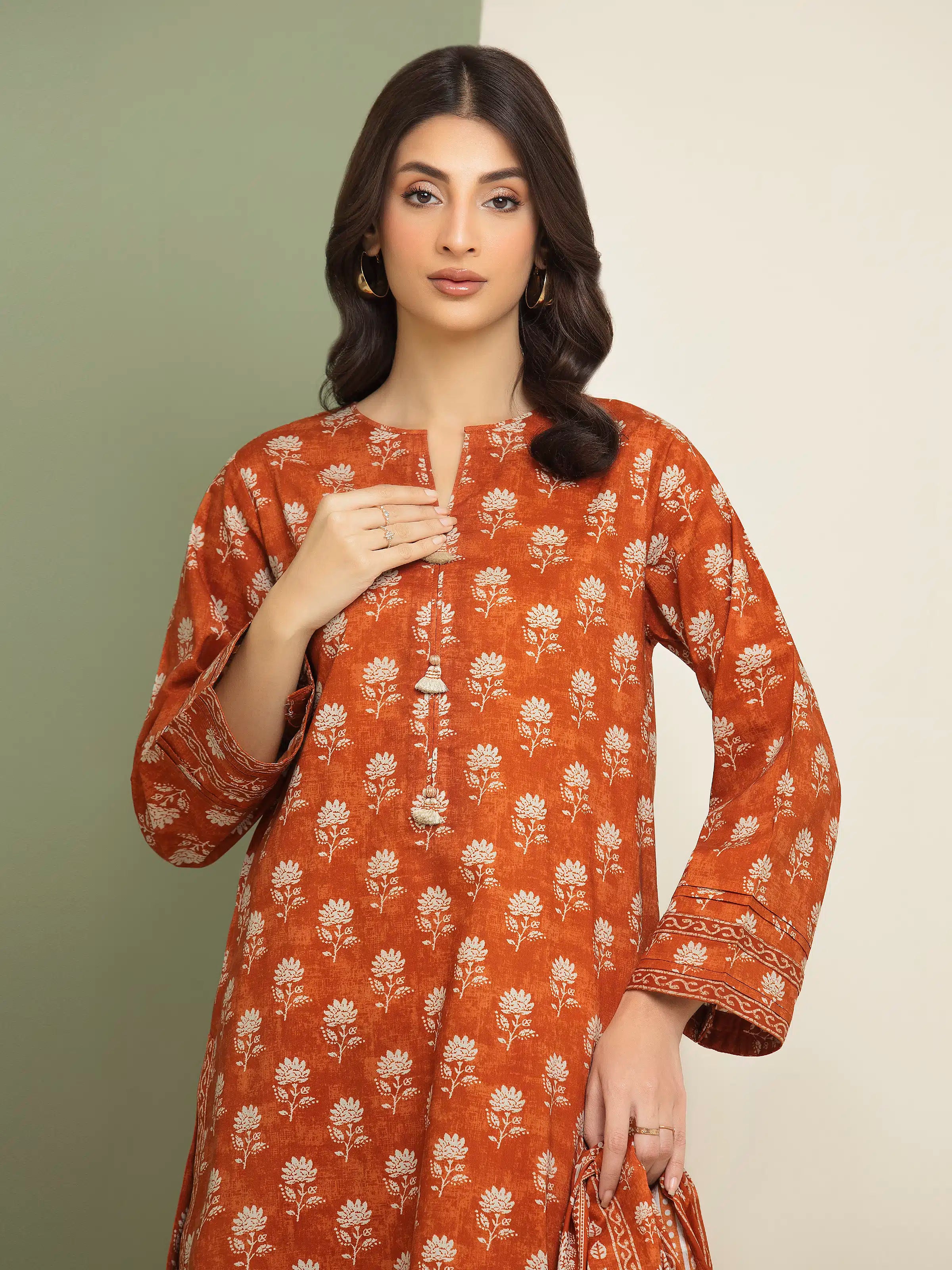 3 Piece Unstitched Lawn Suit Dark Orange Printed